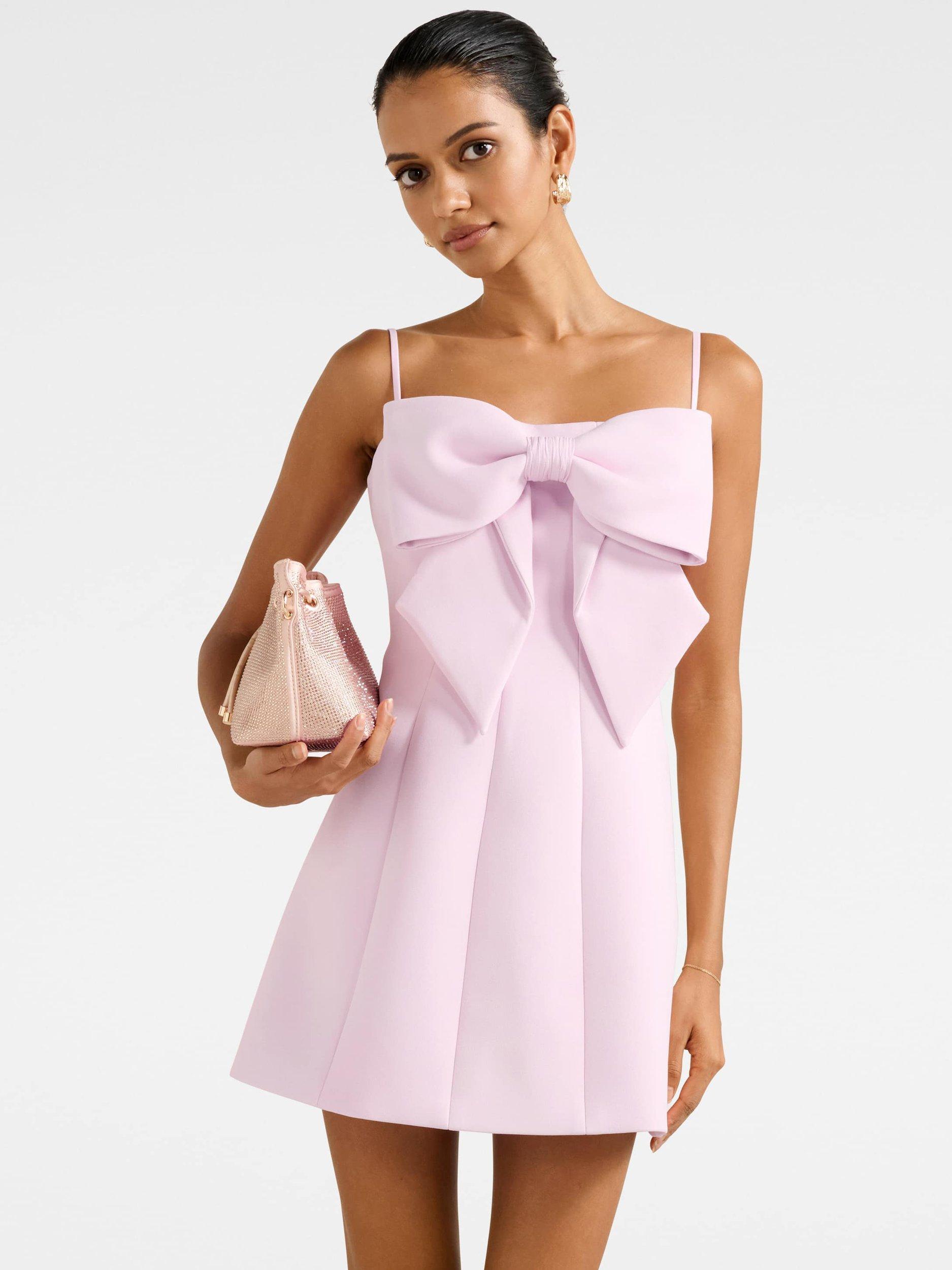 Product image 1 of 5, which shows Forever New Petite Hayler Bow Front Mini Dress, Soft Pink, 4