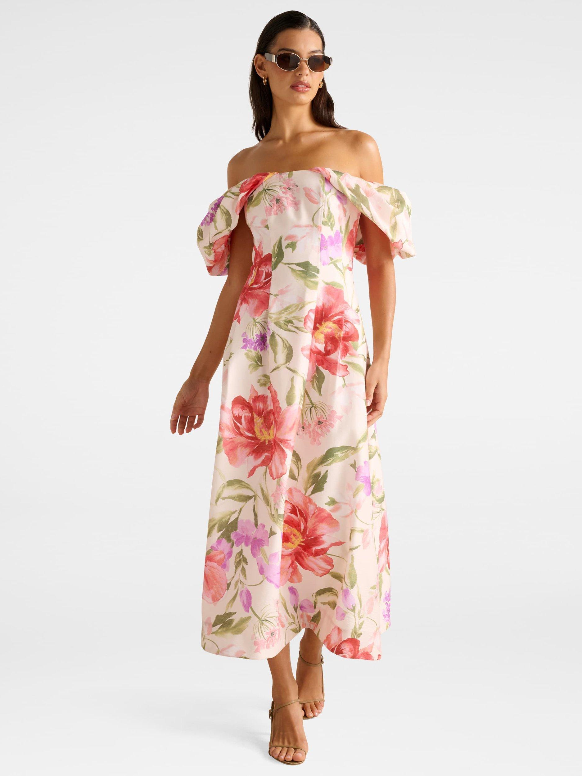 Product image 1 of 5, which shows Forever New Janie Floral Off Shoulder Midi Dress, Pink, 4