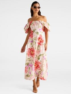 Forever New Janie Floral Off Shoulder Midi Dress, Pink, Pink