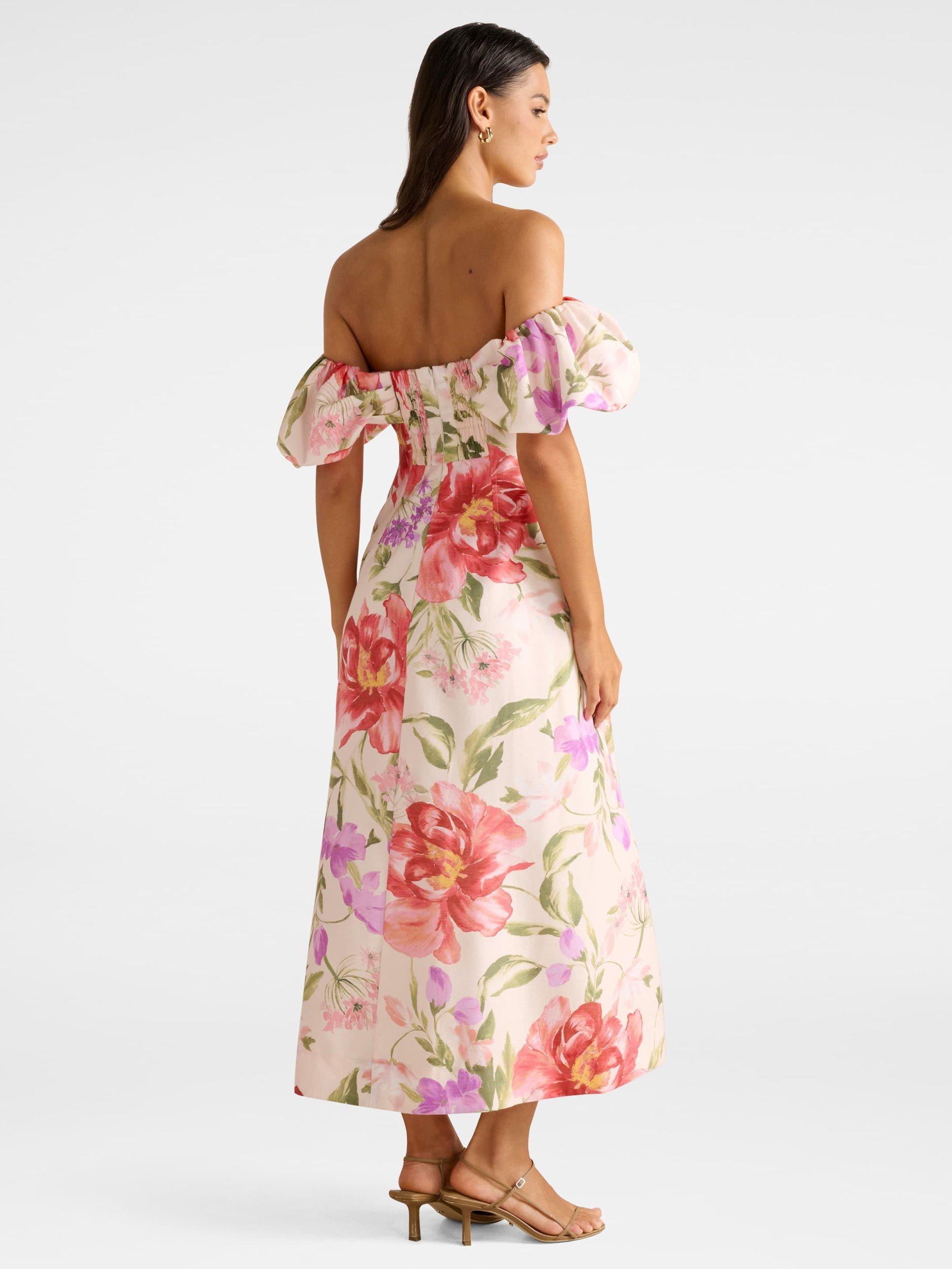 Product image 2 of 5, which shows Forever New Janie Floral Off Shoulder Midi Dress, Pink, 4