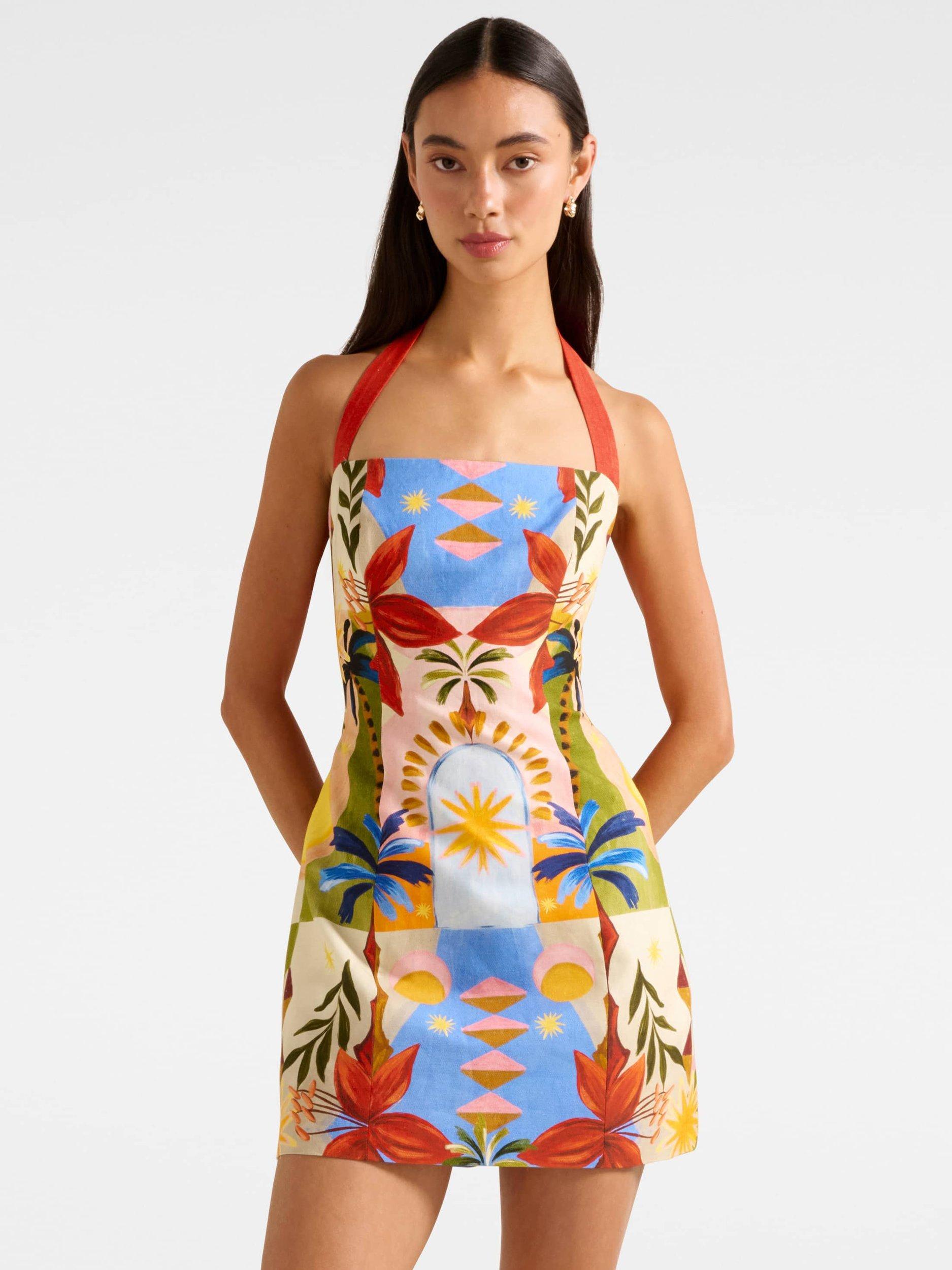 Product image 1 of 5, which shows Forever New Keely Halterneck Linen Blend Mini Dress, Bright Havana, 4