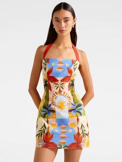 Forever New Keely Halterneck Linen Blend Mini Dress, Bright Havana, Bright Havana