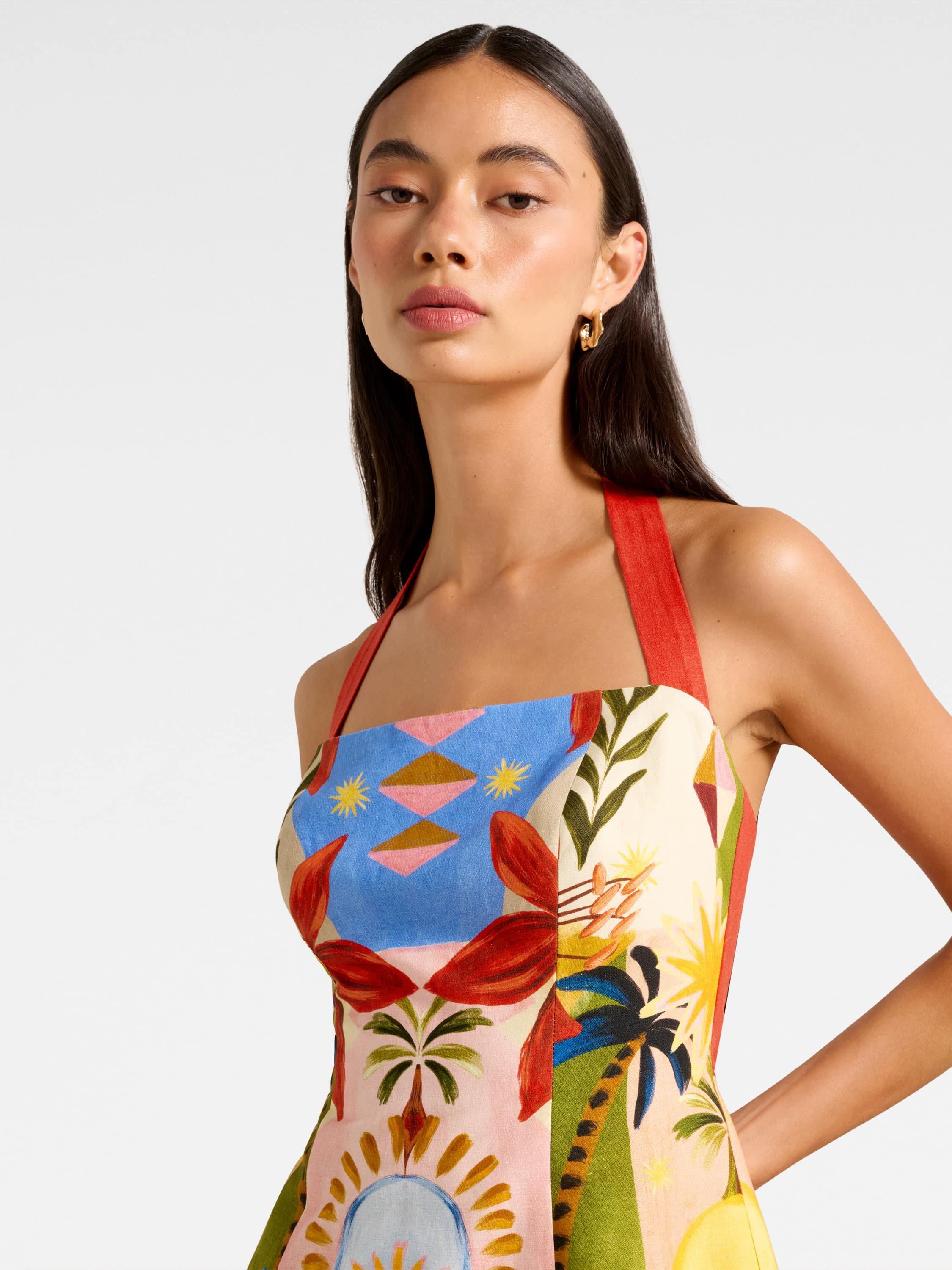 Product image 4 of 5, which shows Forever New Keely Halterneck Linen Blend Mini Dress, Bright Havana, 4