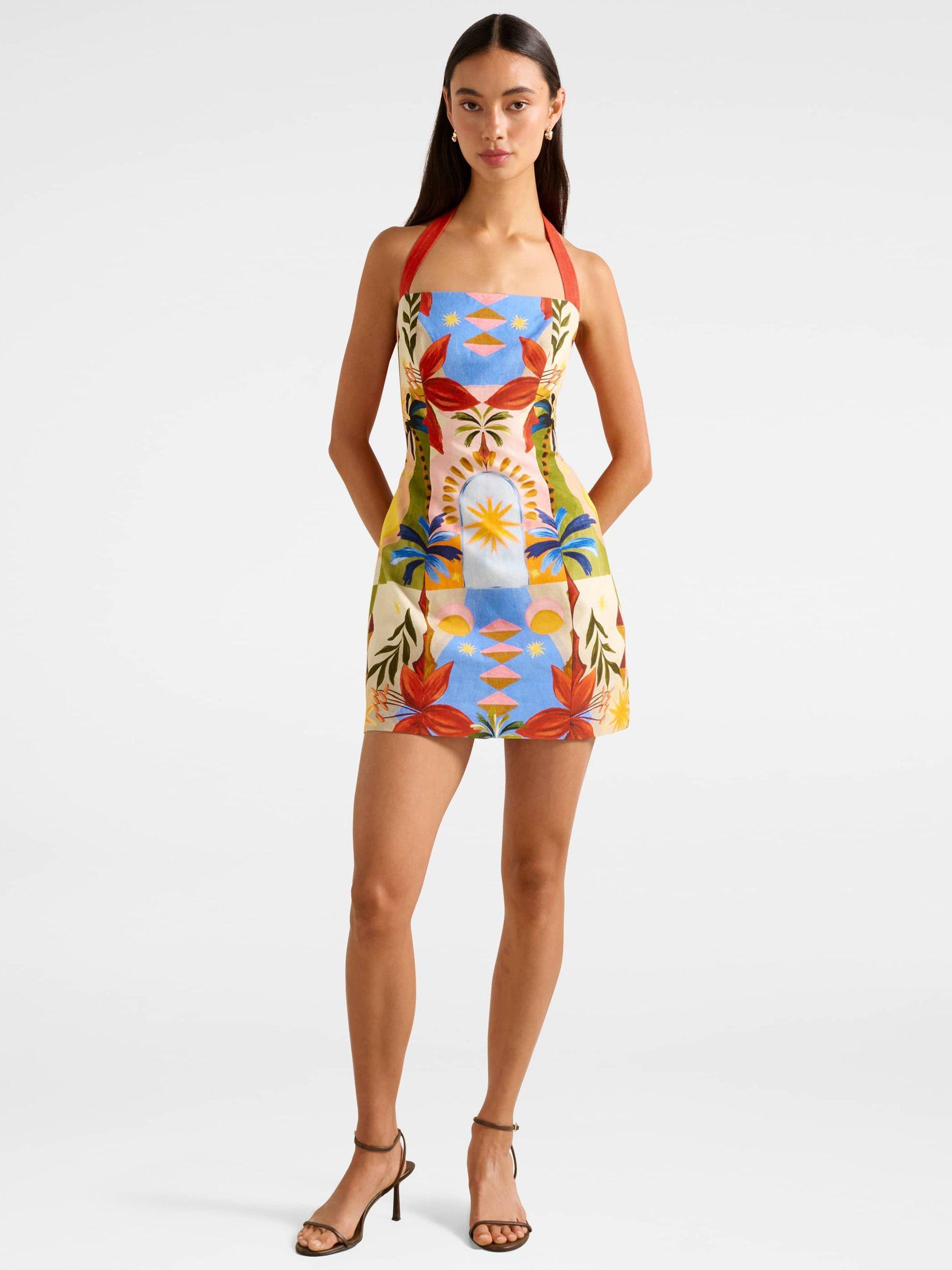 Product image 5 of 5, which shows Forever New Keely Halterneck Linen Blend Mini Dress, Bright Havana, 4