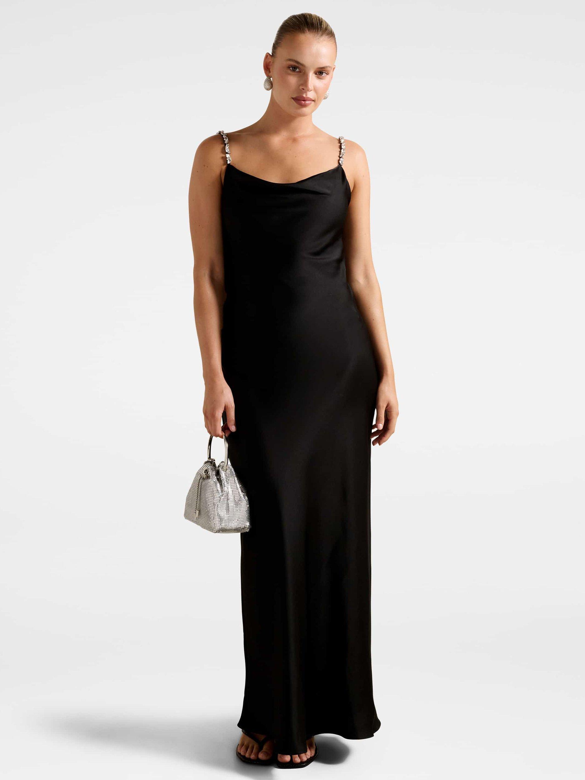 Product image 1 of 4, which shows Forever New Presley Diamante Strap Satin Maxi Dress, Black, 4
