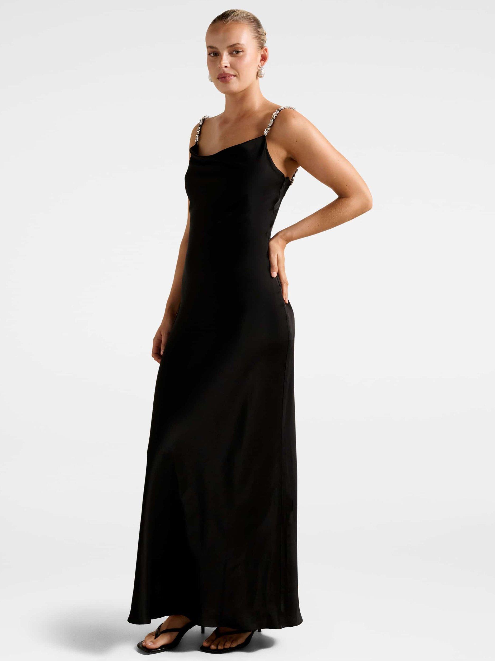 Product image 3 of 4, which shows Forever New Presley Diamante Strap Satin Maxi Dress, Black, 4