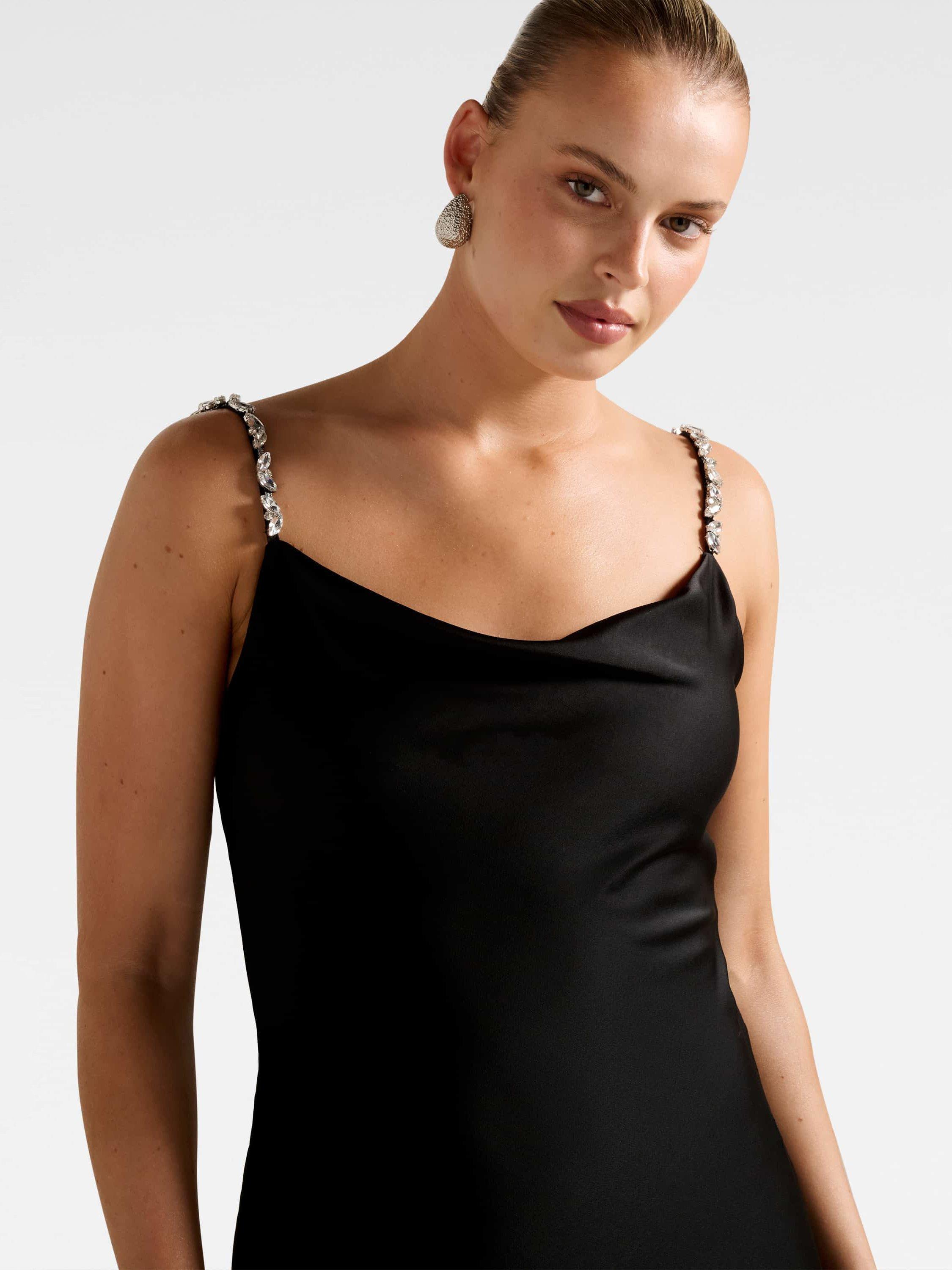 Product image 4 of 4, which shows Forever New Presley Diamante Strap Satin Maxi Dress, Black, 4