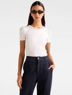 Forever New Emilia Embellished Neck T-Shirt, Porcelain, Porcelain