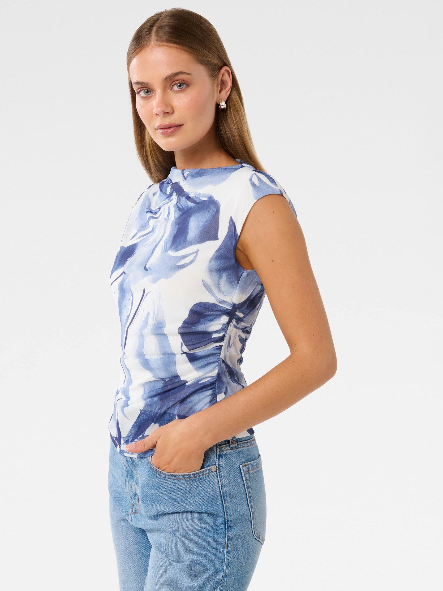 Product image 3 of 5, which shows Forever New Mel Floral Mesh Top, Blue/White, L