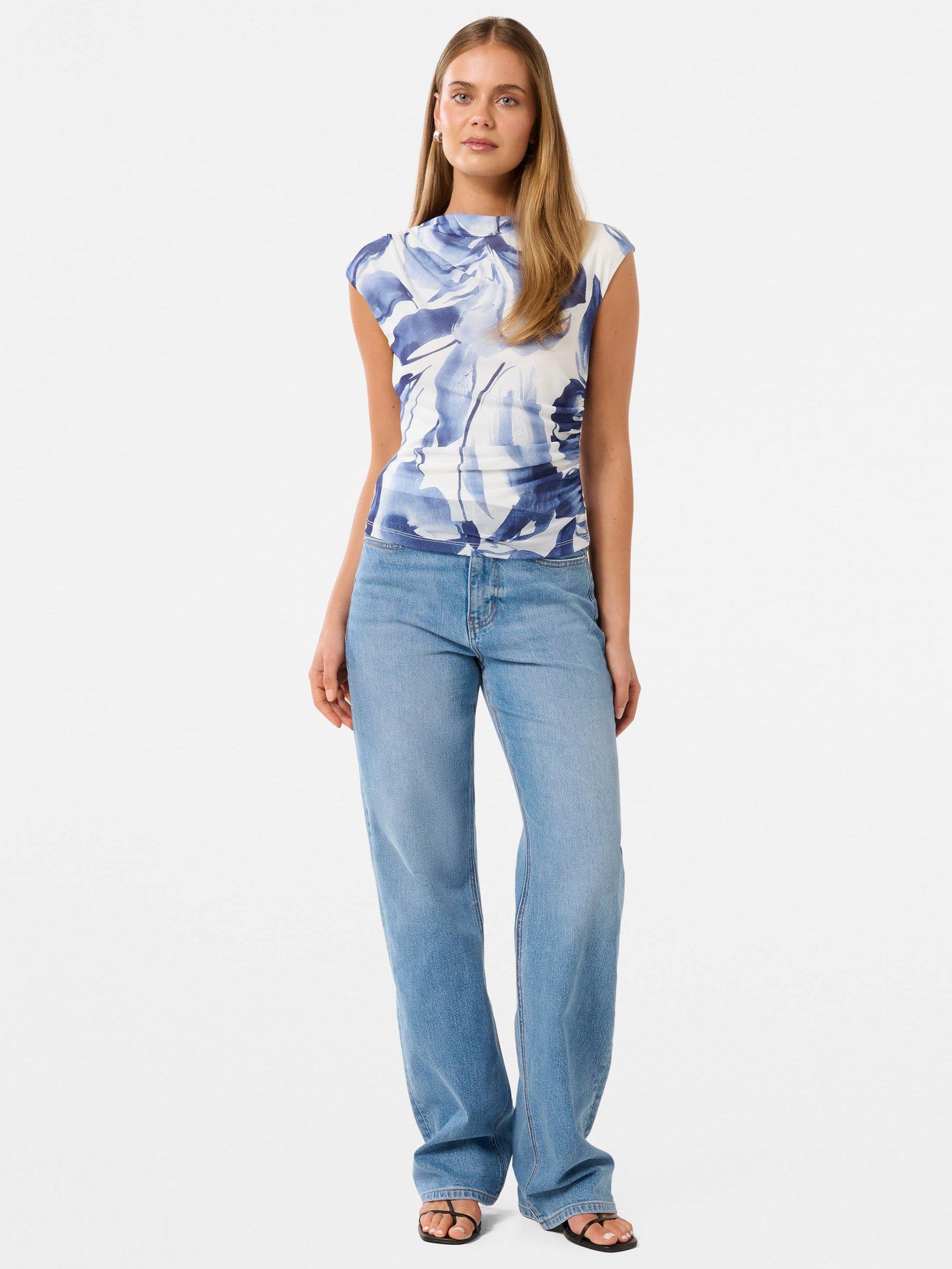 Product image 5 of 5, which shows Forever New Mel Floral Mesh Top, Blue/White, L