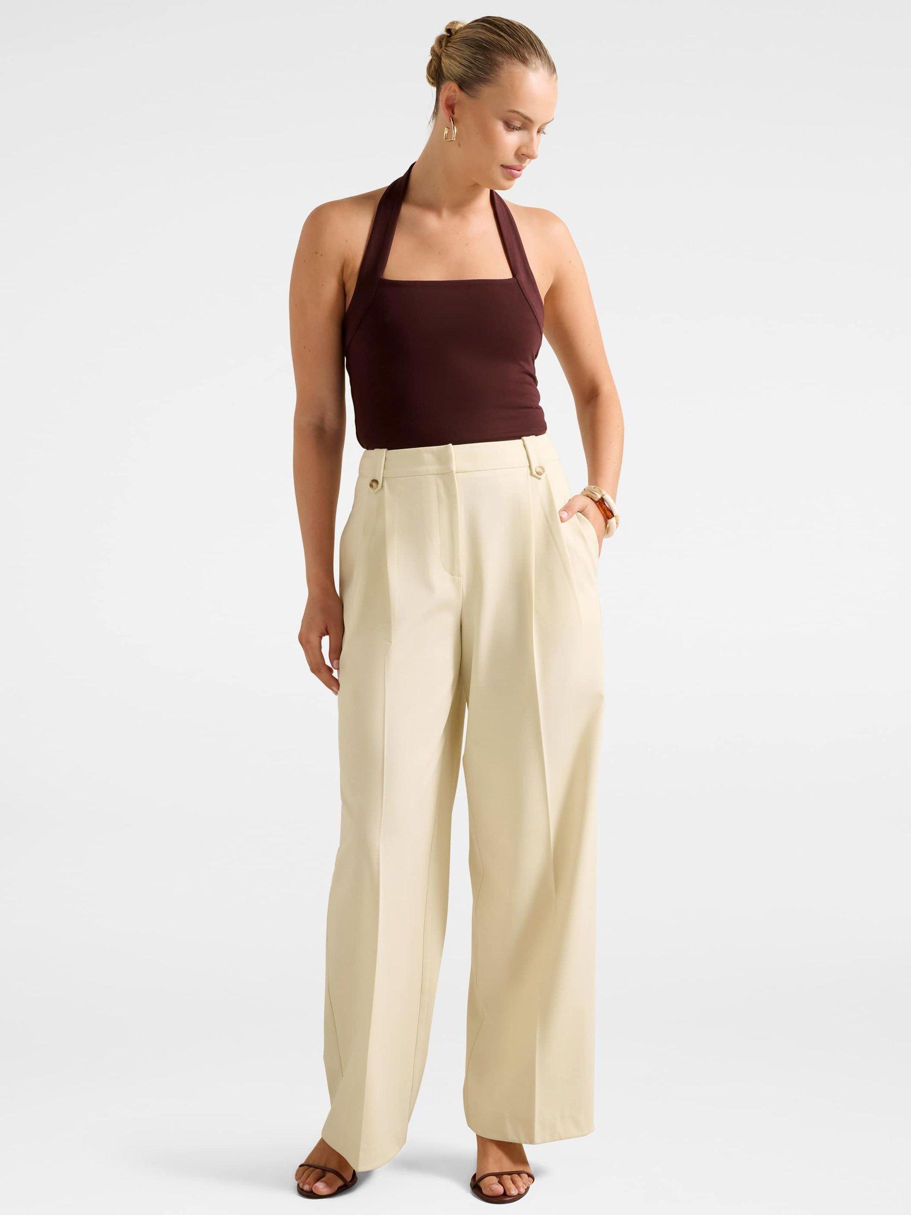Product image 5 of 5, which shows Forever New Gigi Button Tab Wide Leg Trousers, Oatmeal, 4
