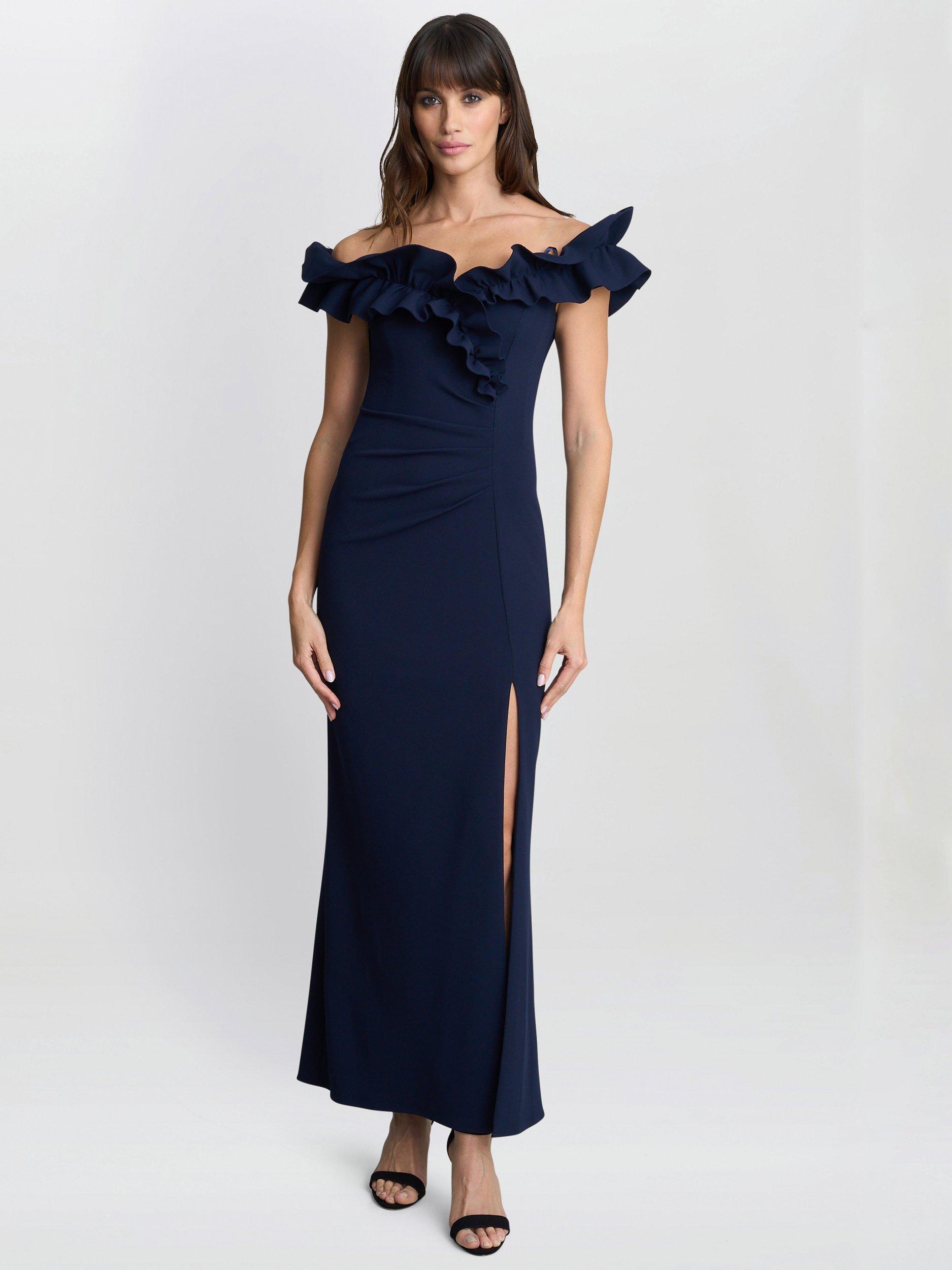 Product image 1 of 6, which shows Gina Bacconi Viola Ruffle Detail Maxi Dress, Navy, 8