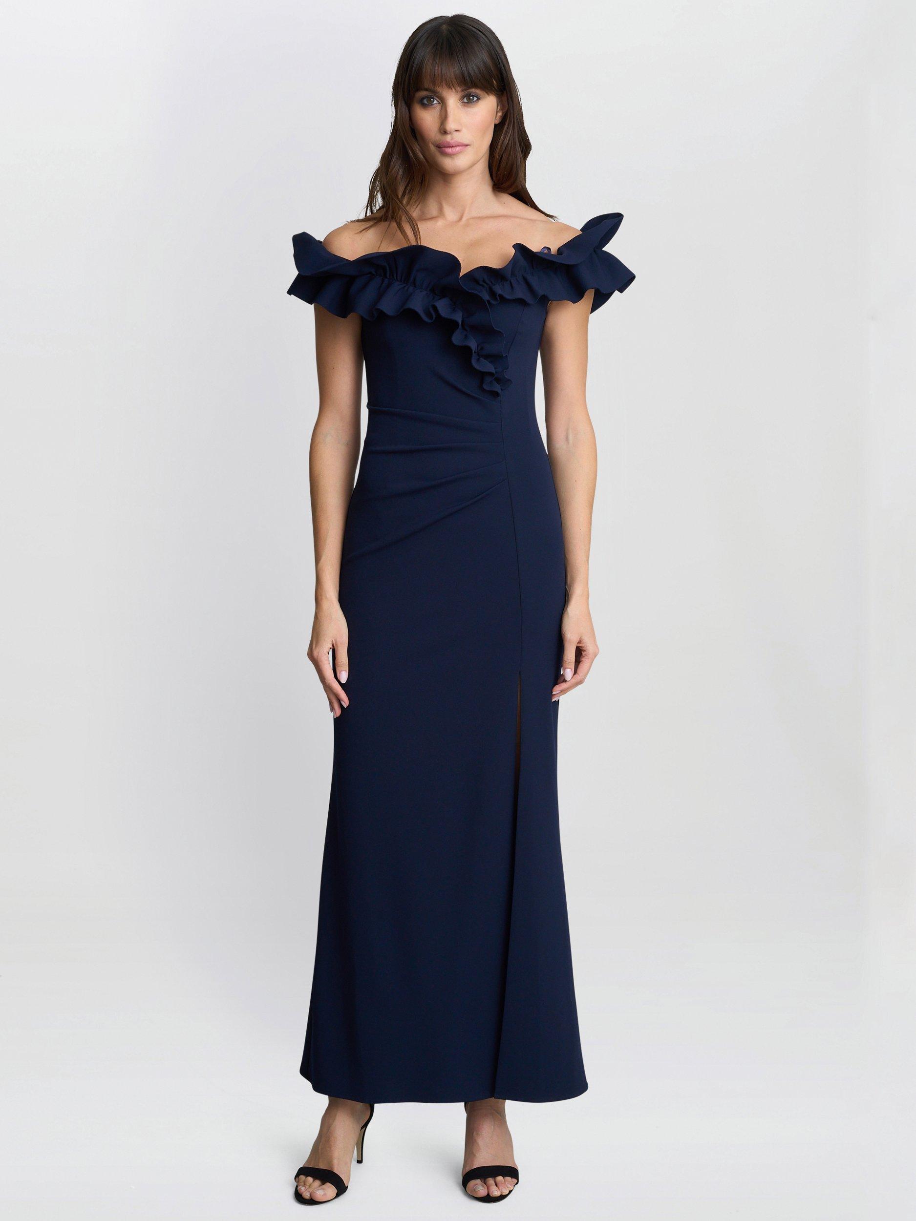Product image 3 of 6, which shows Gina Bacconi Viola Ruffle Detail Maxi Dress, Navy, 8