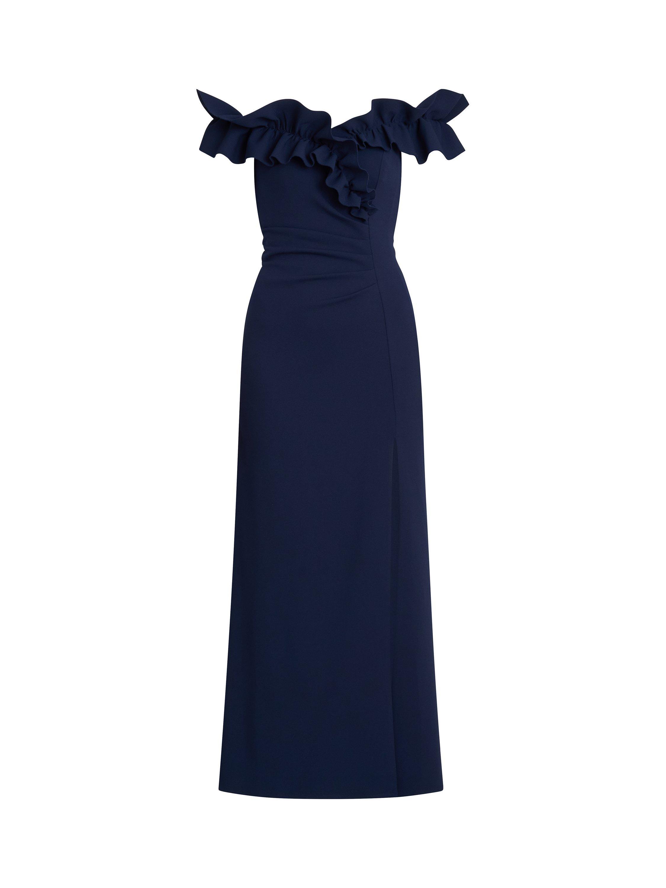 Product image 4 of 6, which shows Gina Bacconi Viola Ruffle Detail Maxi Dress, Navy, 8