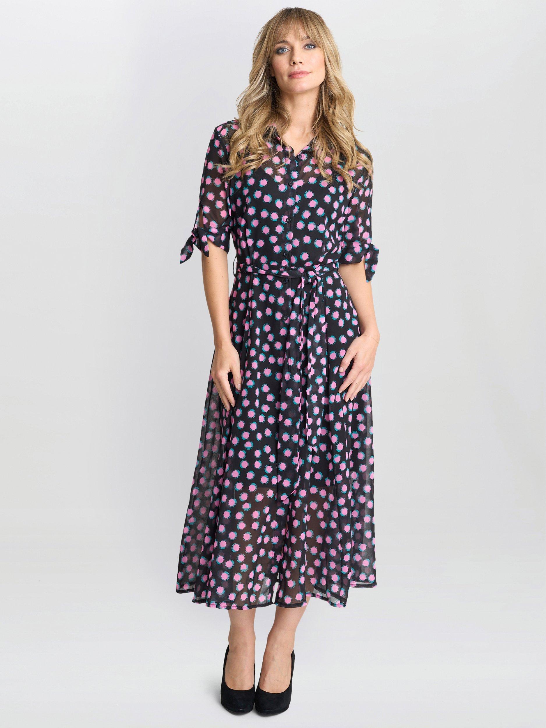 Product image 1 of 6, which shows Gina Bacconi Adrienne Spot Shirt Dress, Black/Pink, L