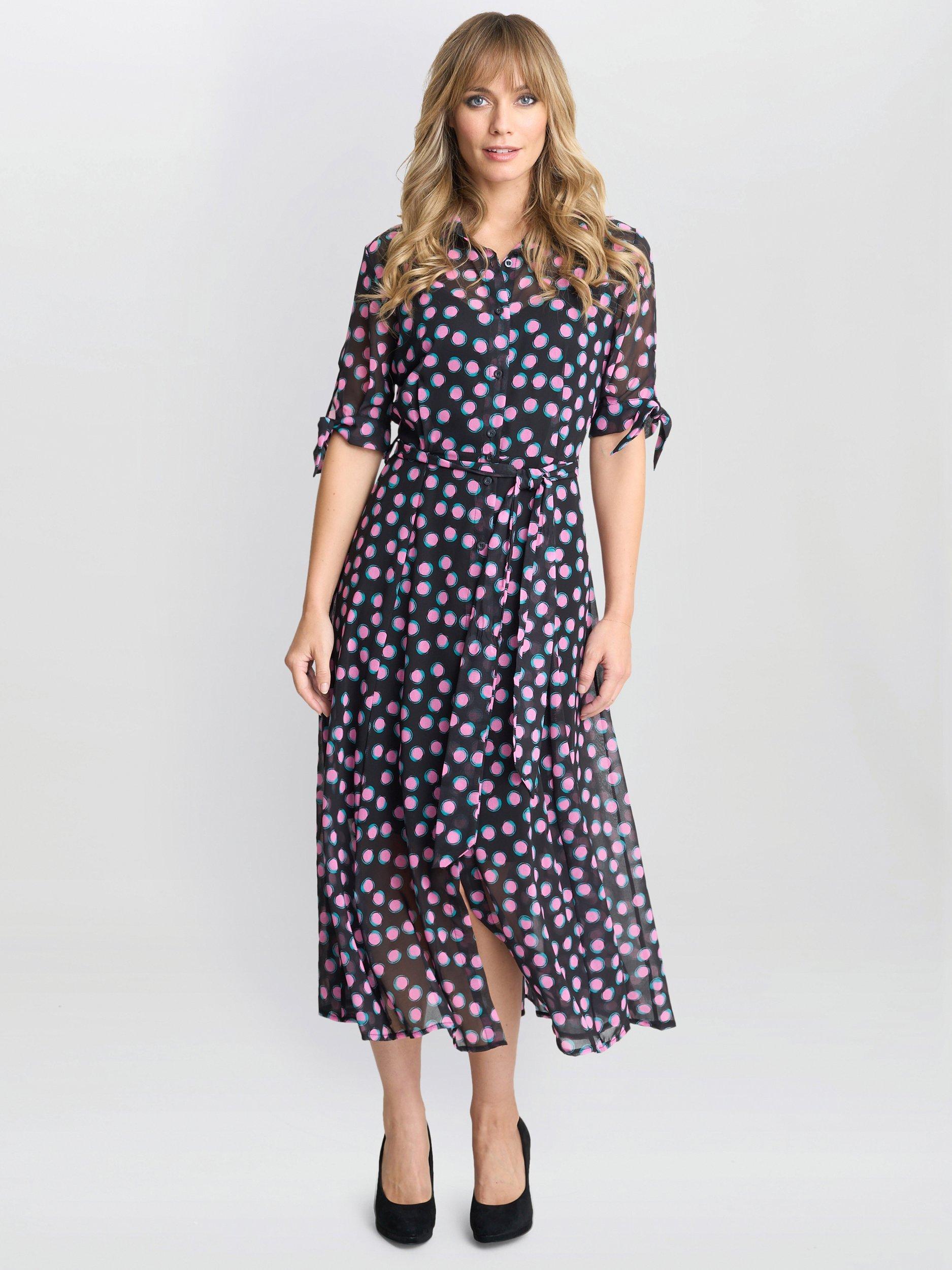Product image 6 of 6, which shows Gina Bacconi Adrienne Spot Shirt Dress, Black/Pink, L