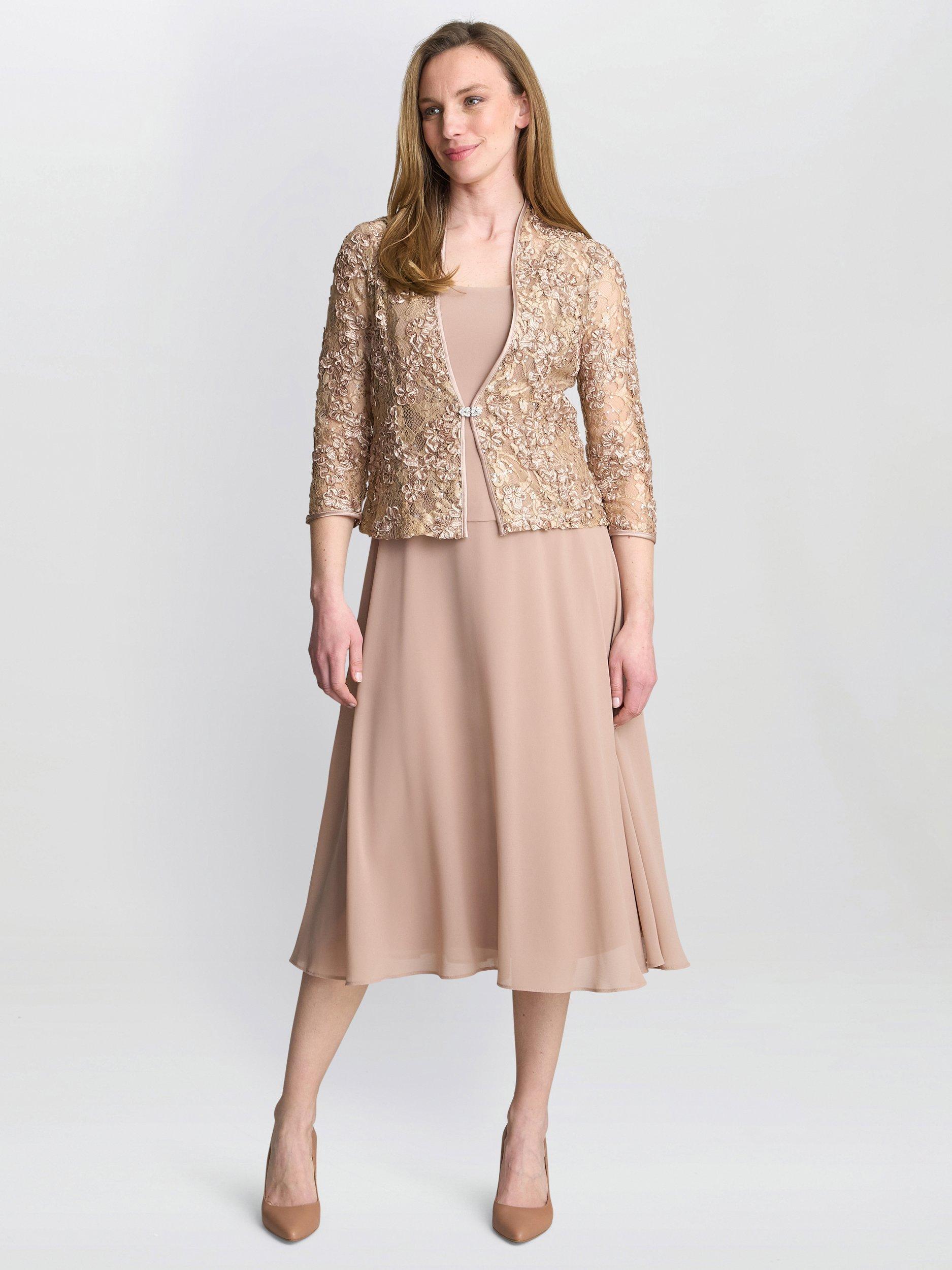 Product image 1 of 5, which shows Gina Bacconi Adele Lace Chiffon Dress & Jacket, Latte, 10