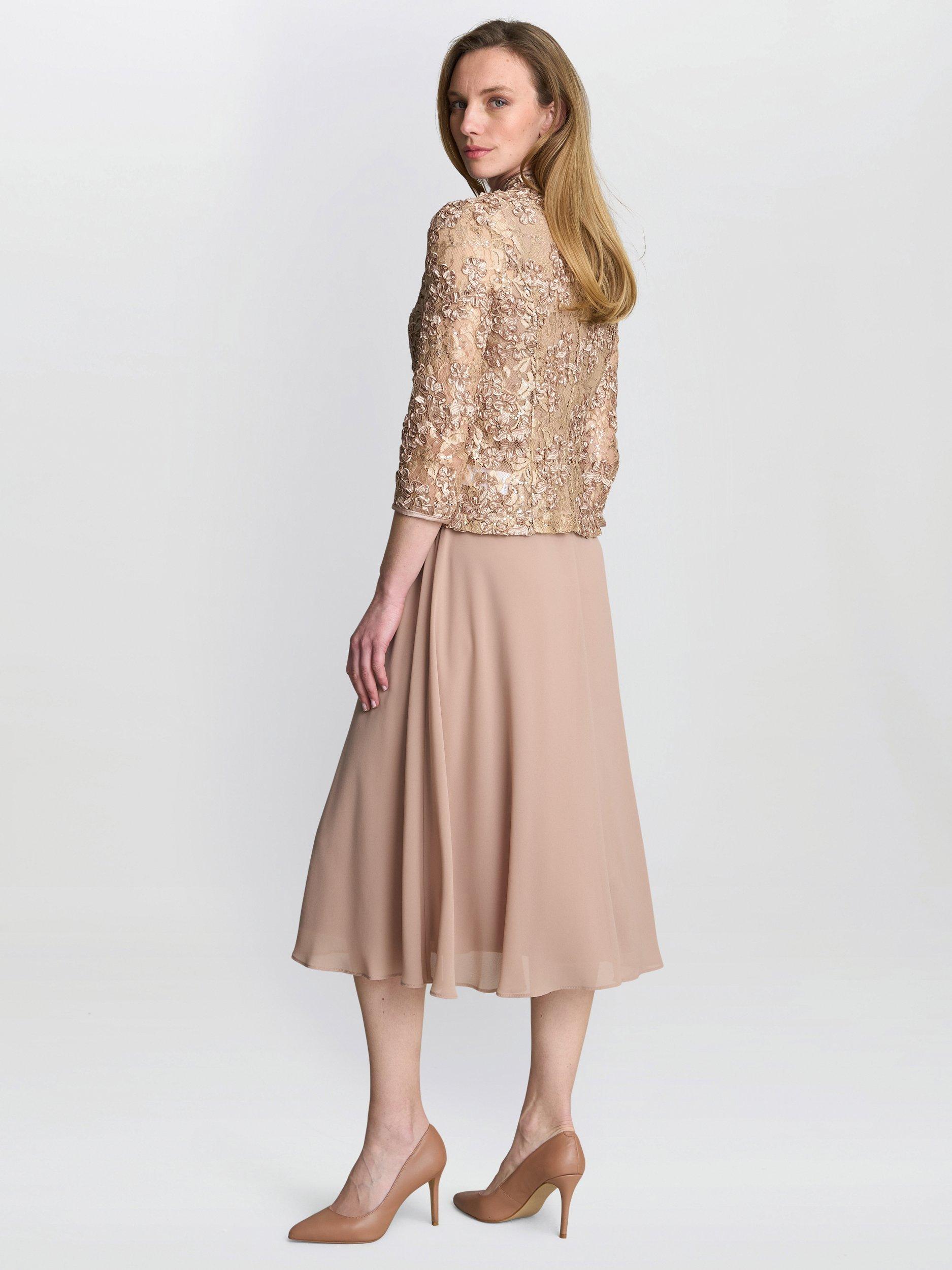 Product image 2 of 5, which shows Gina Bacconi Adele Lace Chiffon Dress & Jacket, Latte, 10