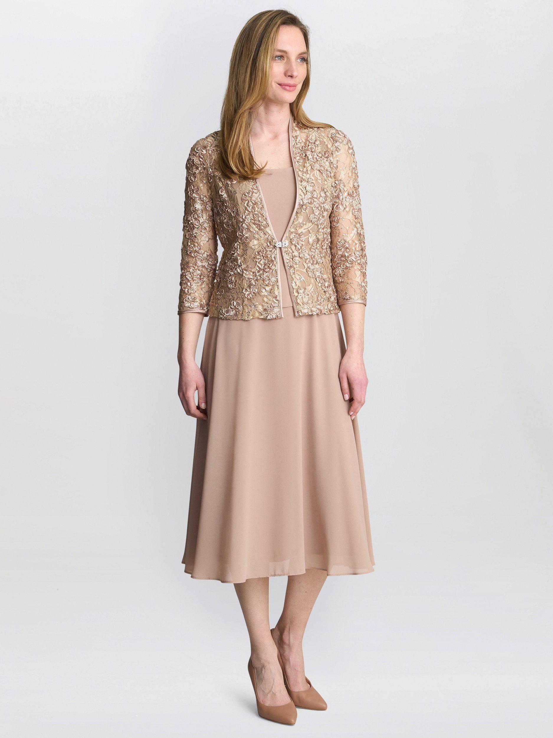 Product image 3 of 5, which shows Gina Bacconi Adele Lace Chiffon Dress & Jacket, Latte, 10