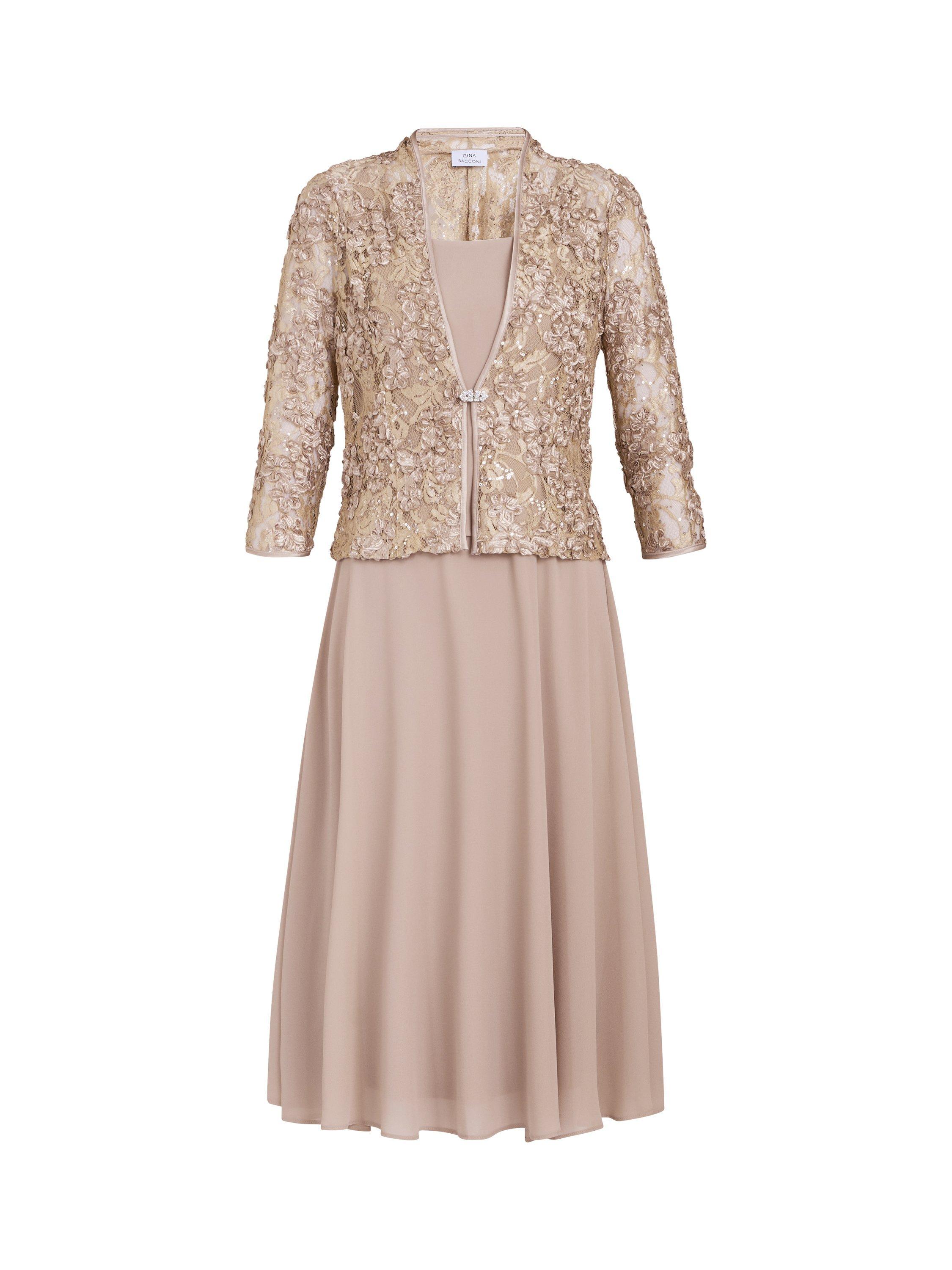Product image 4 of 5, which shows Gina Bacconi Adele Lace Chiffon Dress & Jacket, Latte, 10