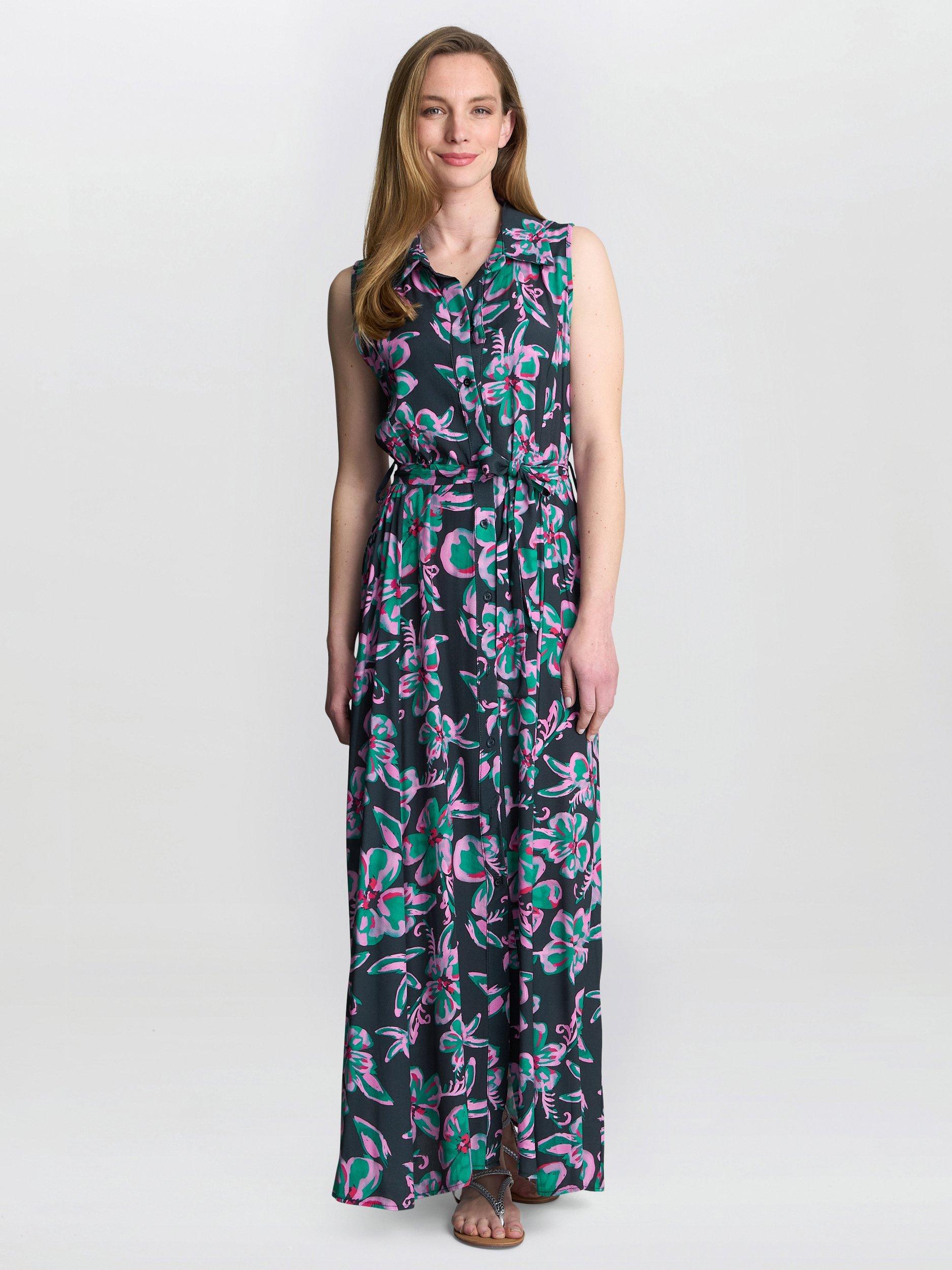Product image 1 of 5, which shows Gina Bacconi Reagan Floral Shirt Dress, Black/Pink, S