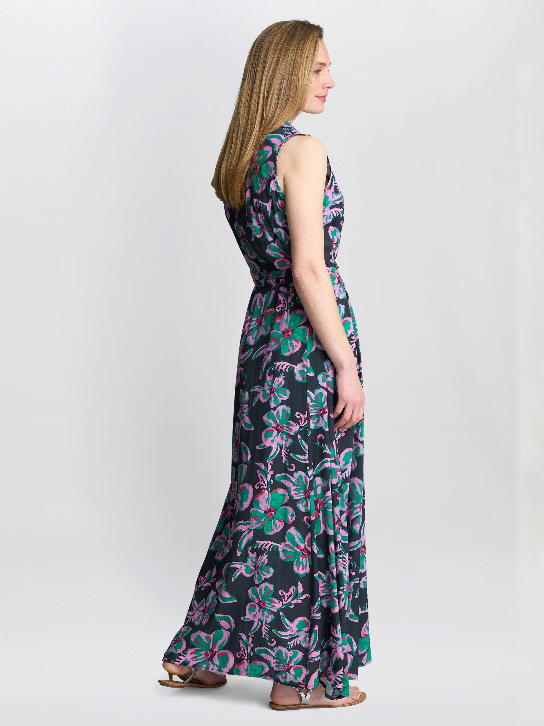 Product image 2 of 5, which shows Gina Bacconi Reagan Floral Shirt Dress, Black/Pink, S