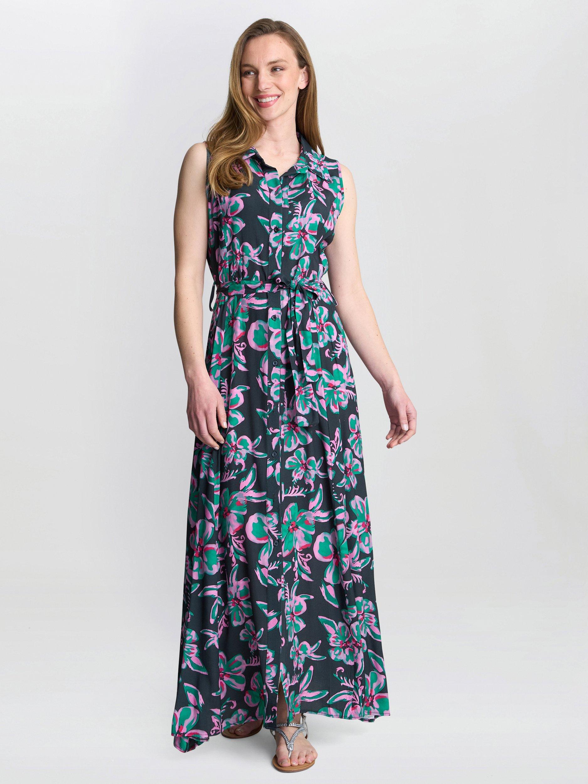 Product image 3 of 5, which shows Gina Bacconi Reagan Floral Shirt Dress, Black/Pink, S