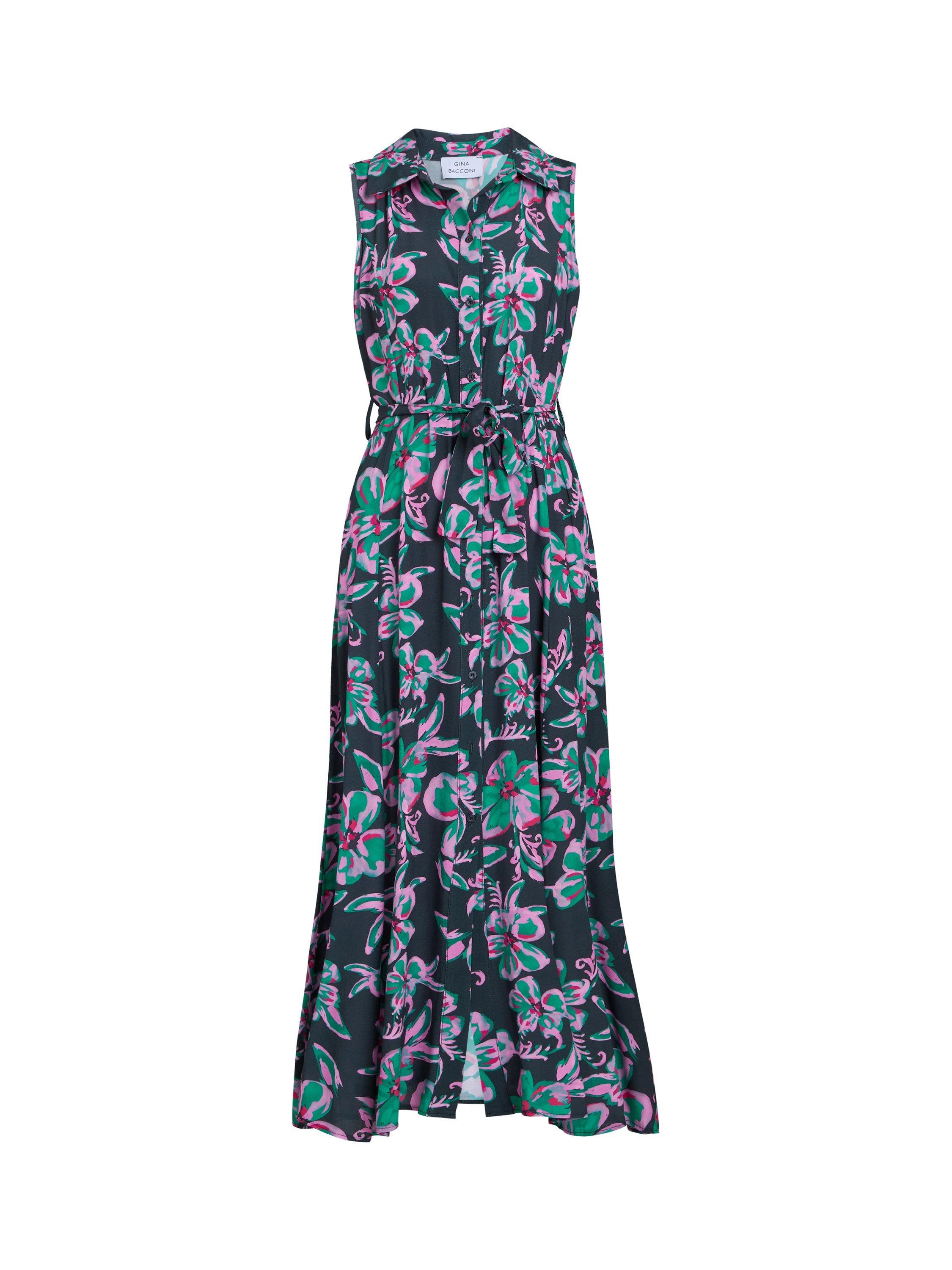 Product image 4 of 5, which shows Gina Bacconi Reagan Floral Shirt Dress, Black/Pink, S