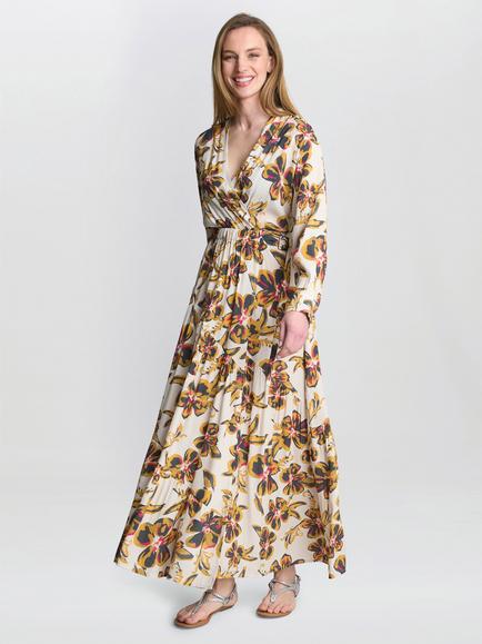 Gina Bacconi Rosalee Floral Belted Dress, Beige/Cream, Beige/Cream