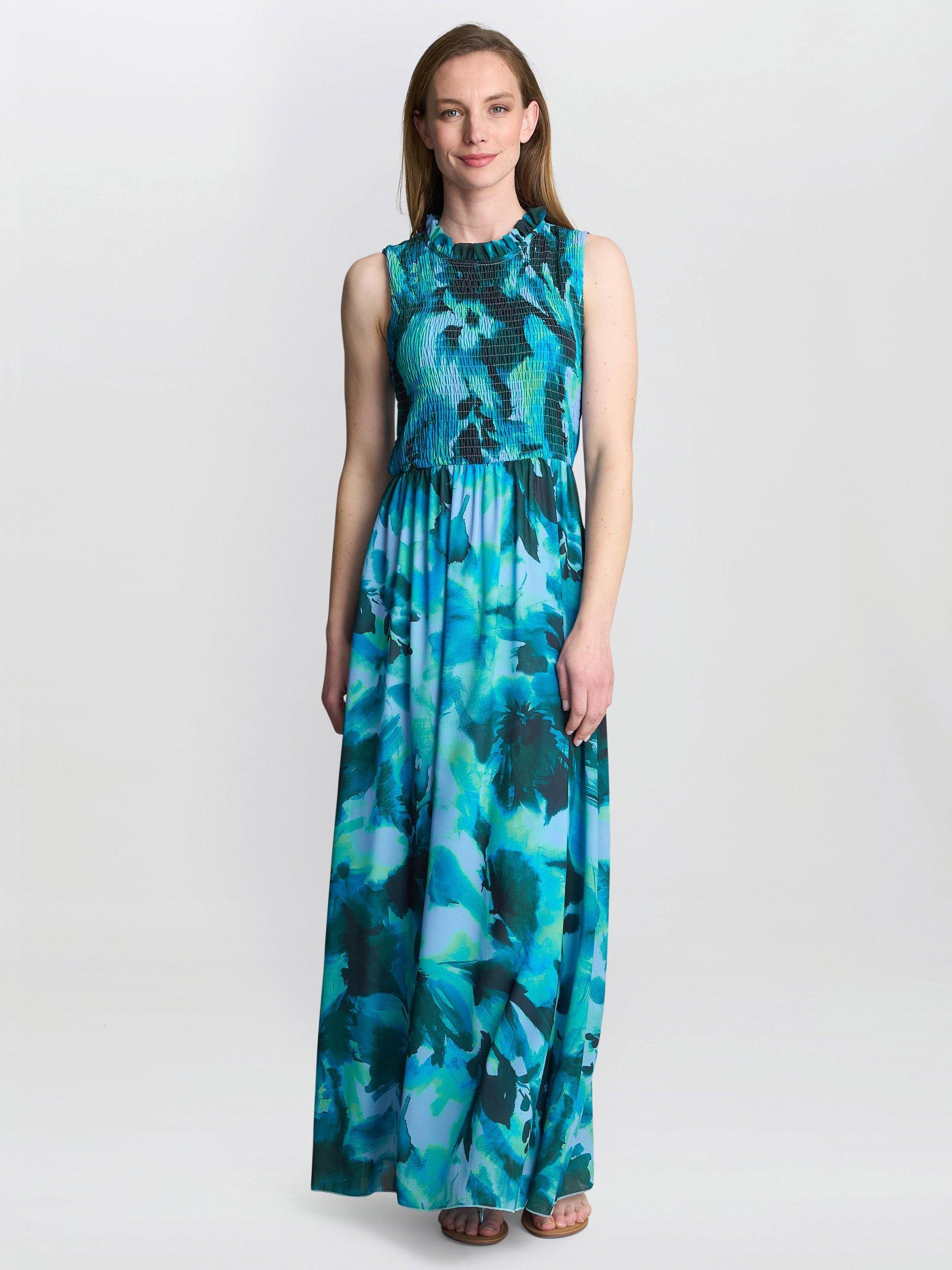 Product image 1 of 5, which shows Gina Bacconi Roxanna Botanic Floral Sleeveless Dress, Blue/Green, S