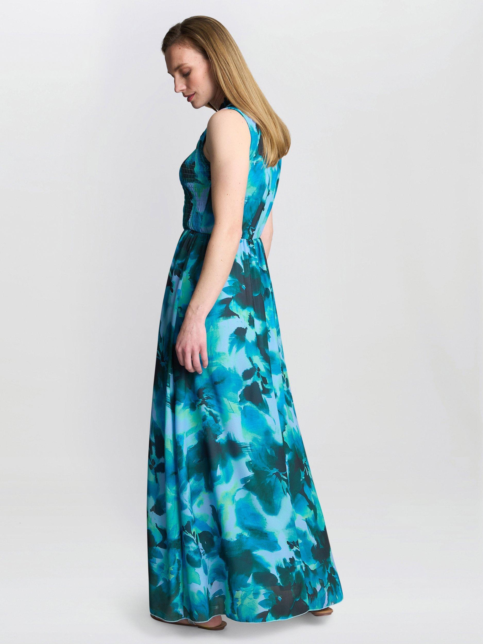 Product image 2 of 5, which shows Gina Bacconi Roxanna Botanic Floral Sleeveless Dress, Blue/Green, S