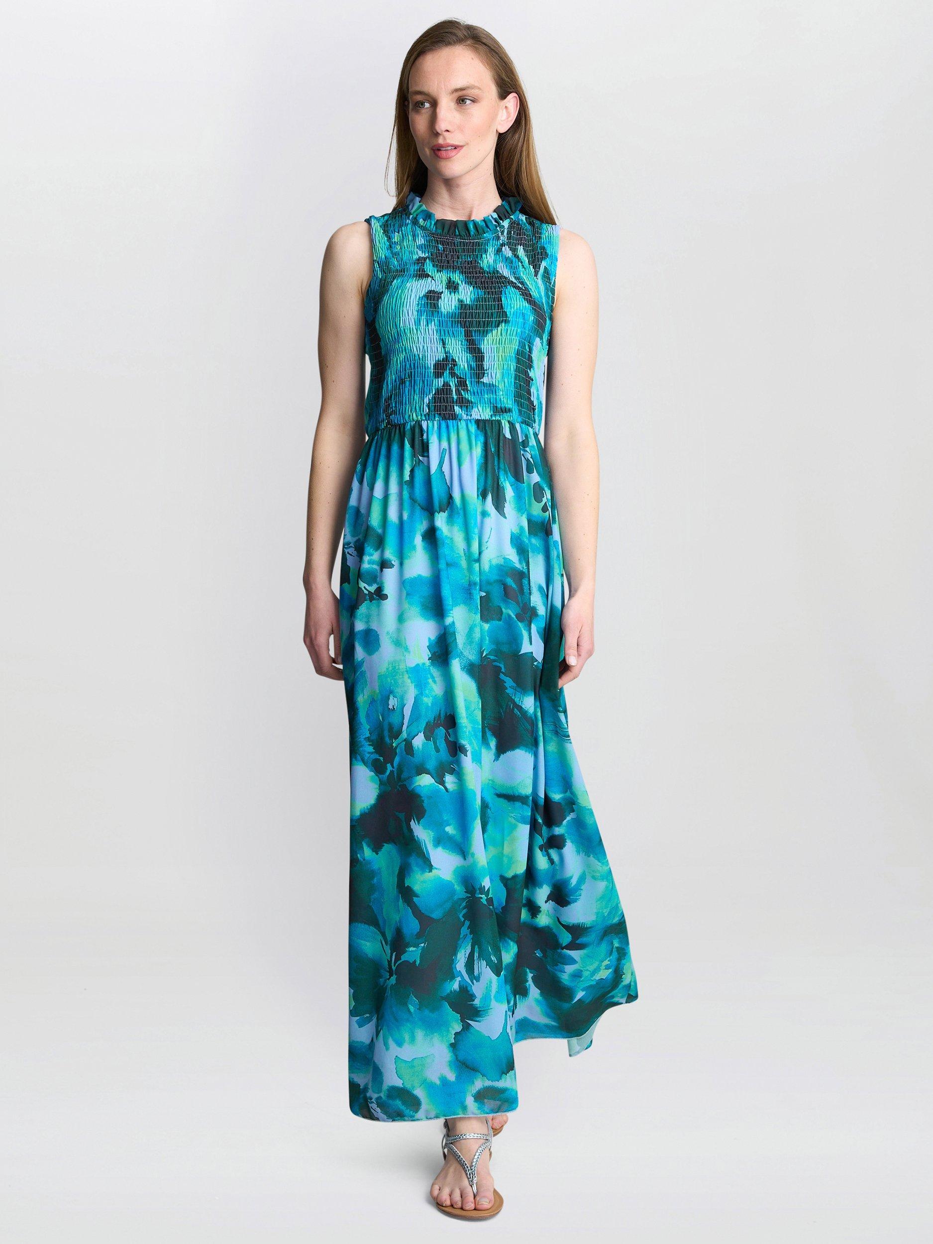 Product image 3 of 5, which shows Gina Bacconi Roxanna Botanic Floral Sleeveless Dress, Blue/Green, S