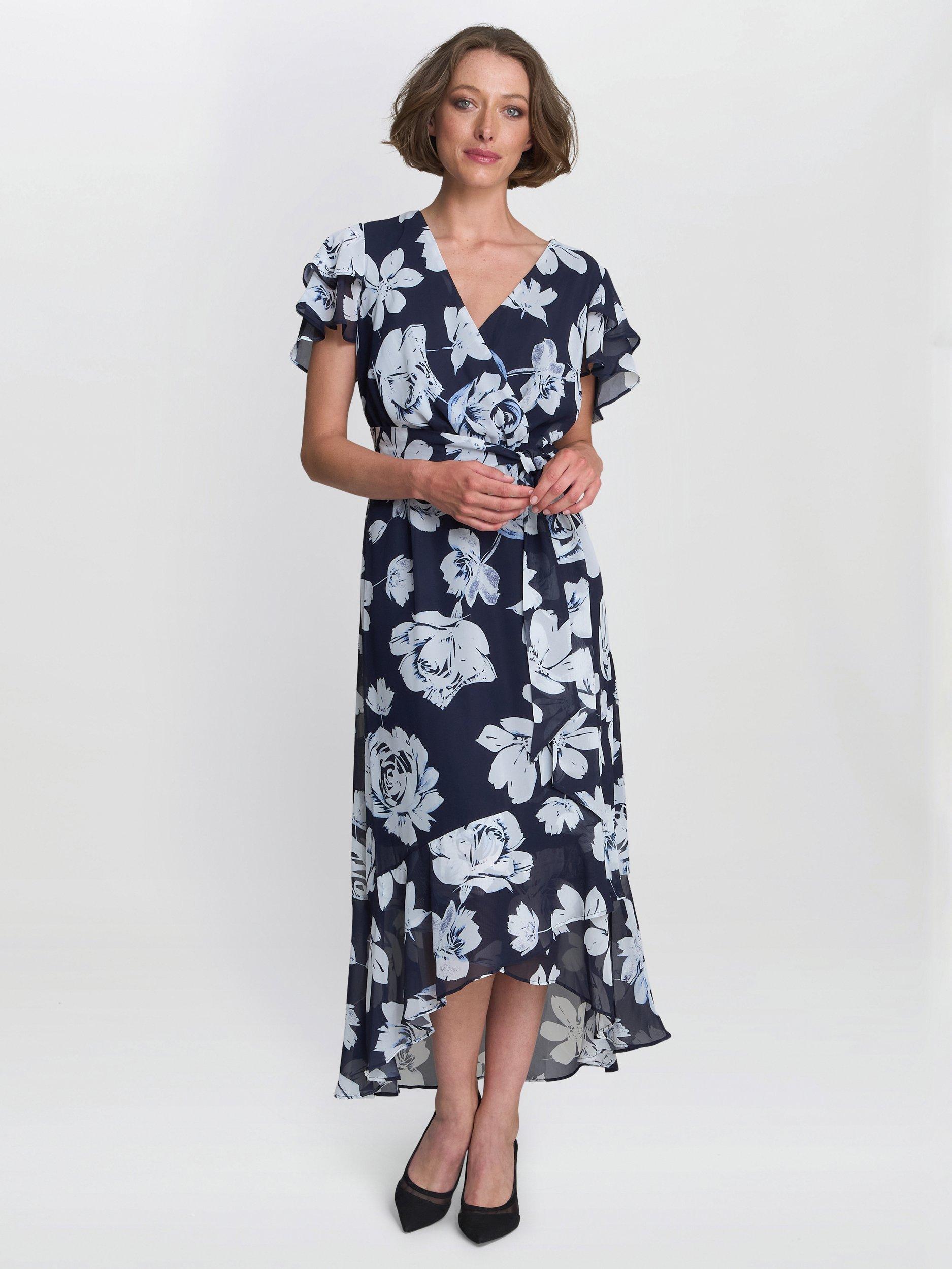 Product image 1 of 7, which shows Gina Bacconi Teresa Floral Chiffon Dress, Navy/Multi, 10