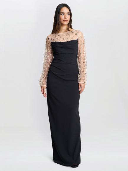 Gina Bacconi Arielle Embellished Mesh Sleeve Maxi Dress, Black/Multi, Black/Multi