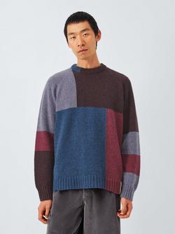 John Lewis Closed Loop Initiative Recycled Wool Crew Neck Colour Block Jumper - view 2, Red Multi