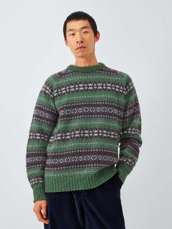 John Lewis Closed Loop Initiative Recycled Wool Crew Neck Fair Isle Jumper, Green/Multi - view 2, Green Multi