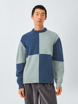 John Lewis Closed Loop Initiative Recycled Wool Crew Neck Colour Block Jumper - view 2, Denim/ Blue