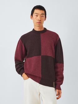 John Lewis Closed Loop Initiative Recycled Wool Crew Neck Colour Block Jumper - view 2, Fig/ Red