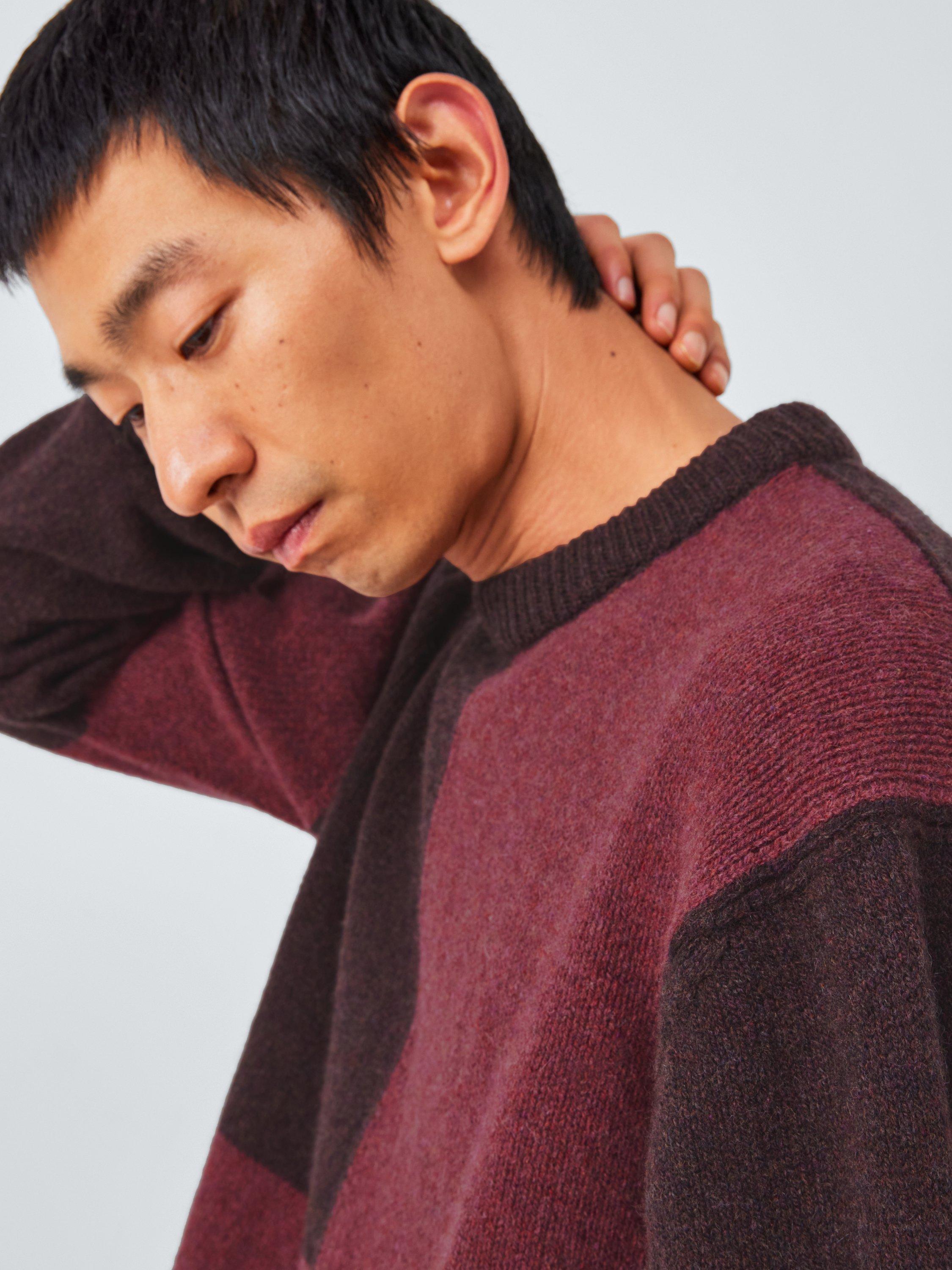 Product image 6 of 7, which shows John Lewis Closed Loop Initiative Recycled Wool Crew Neck Colour Block Jumper, Fig/ Red, XS