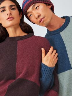 John Lewis Closed Loop Initiative Recycled Wool Crew Neck Colour Block Jumper, Fig/ Red