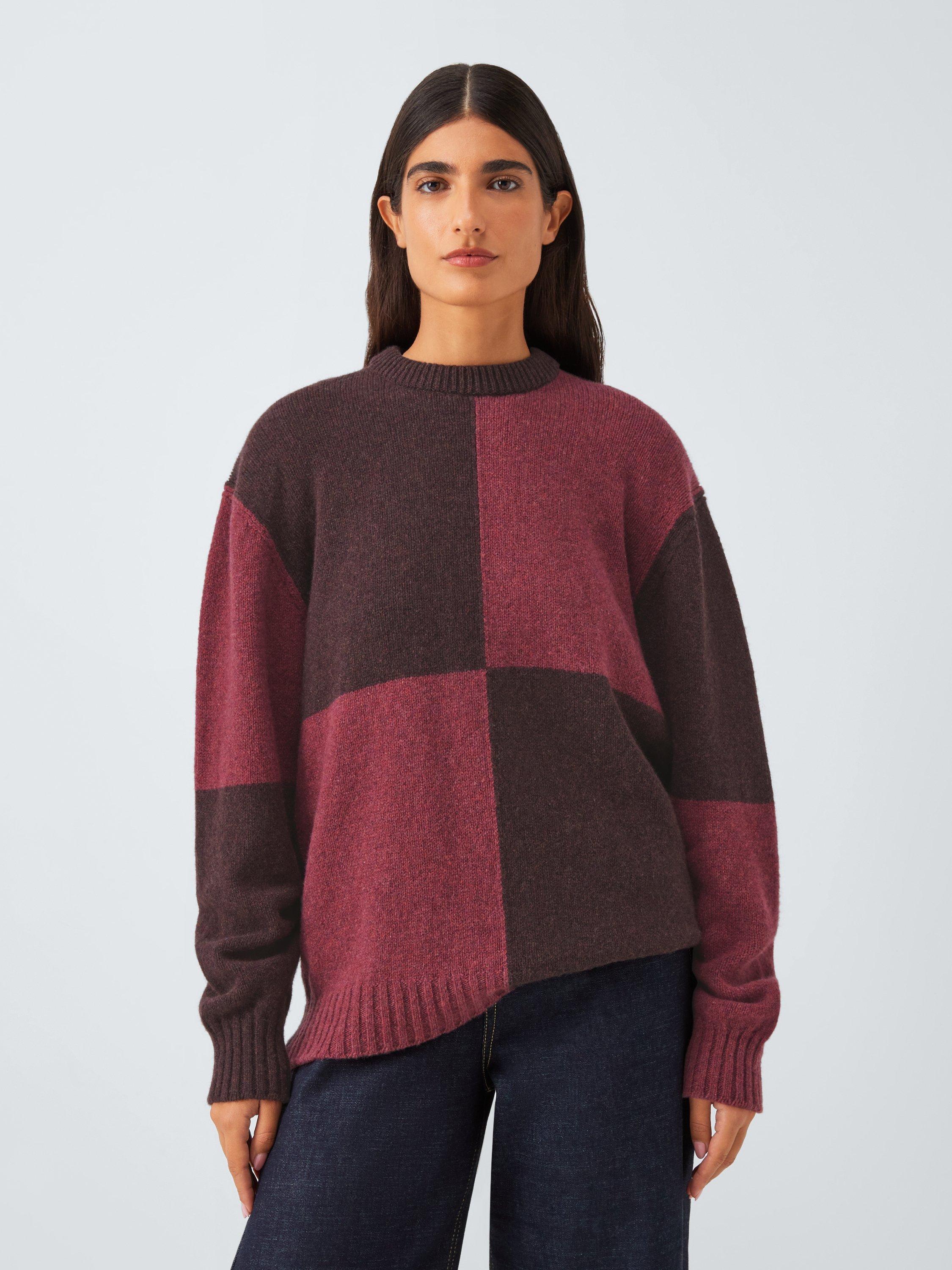 Product image 7 of 7, which shows John Lewis Closed Loop Initiative Recycled Wool Crew Neck Colour Block Jumper, Fig/ Red, XS