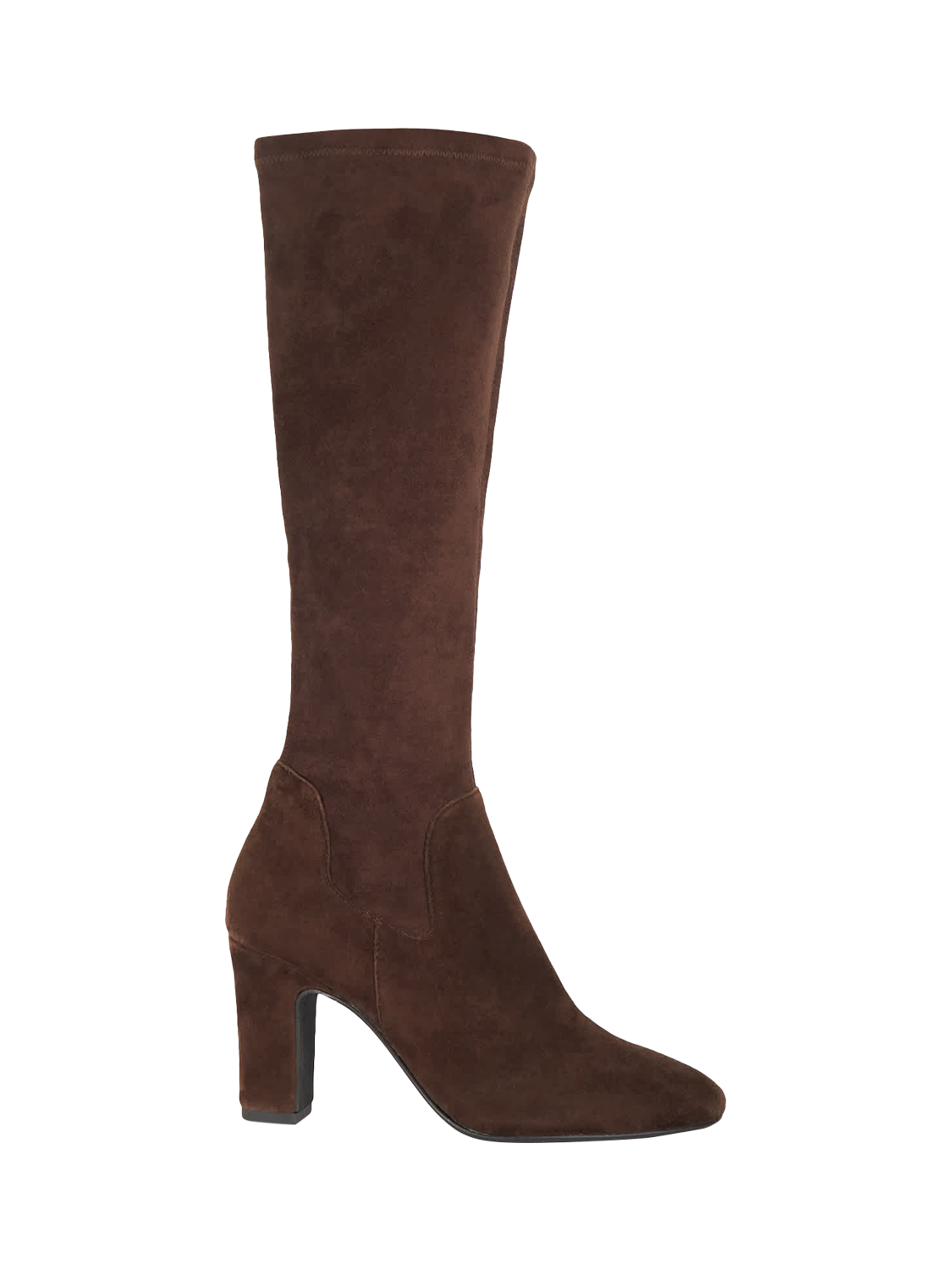 Product image 1 of 5, which shows Dune London Simple Microfibre Almond Toe Block Heel Boots, Brown, EU36