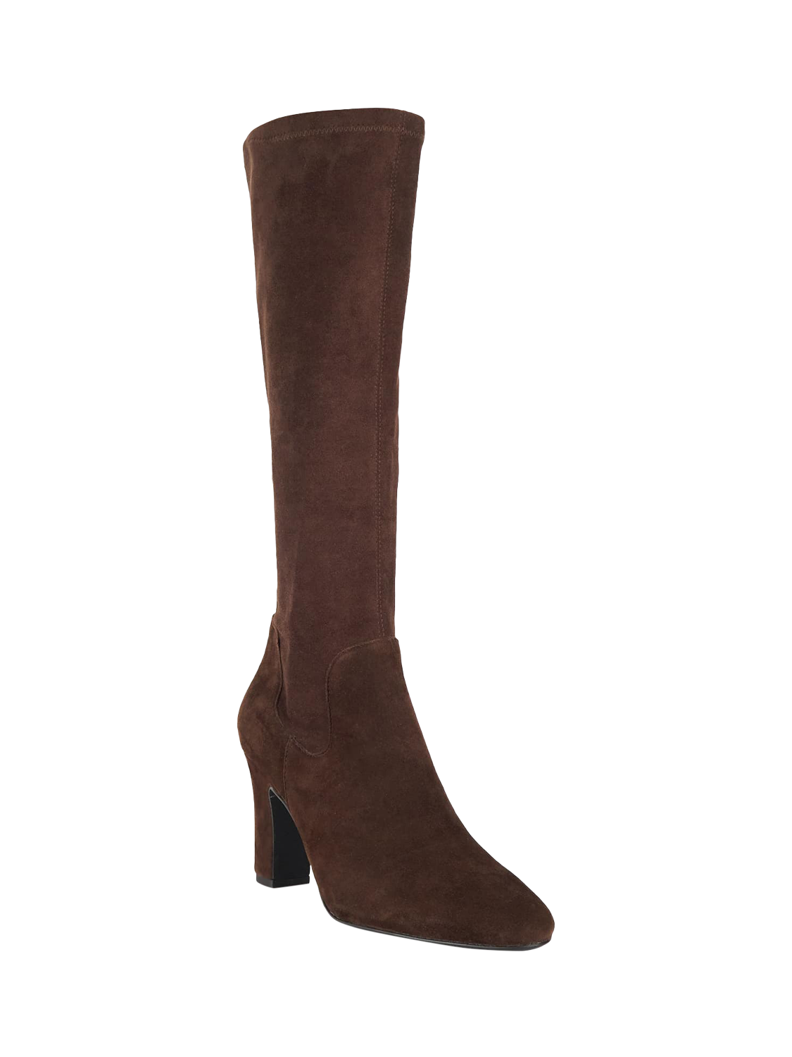 Product image 3 of 5, which shows Dune London Simple Microfibre Almond Toe Block Heel Boots, Brown, EU36