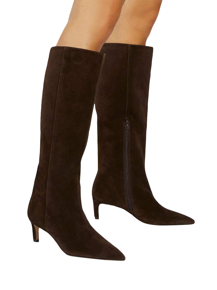 Product image 2 of 6, which shows Dune London Smoothly Suede Calf Boots, Brown, EU36