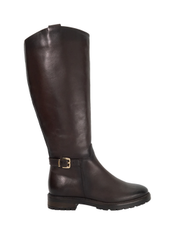 Dune London Tabbey Leather Buckle Knee High Boots, Brown