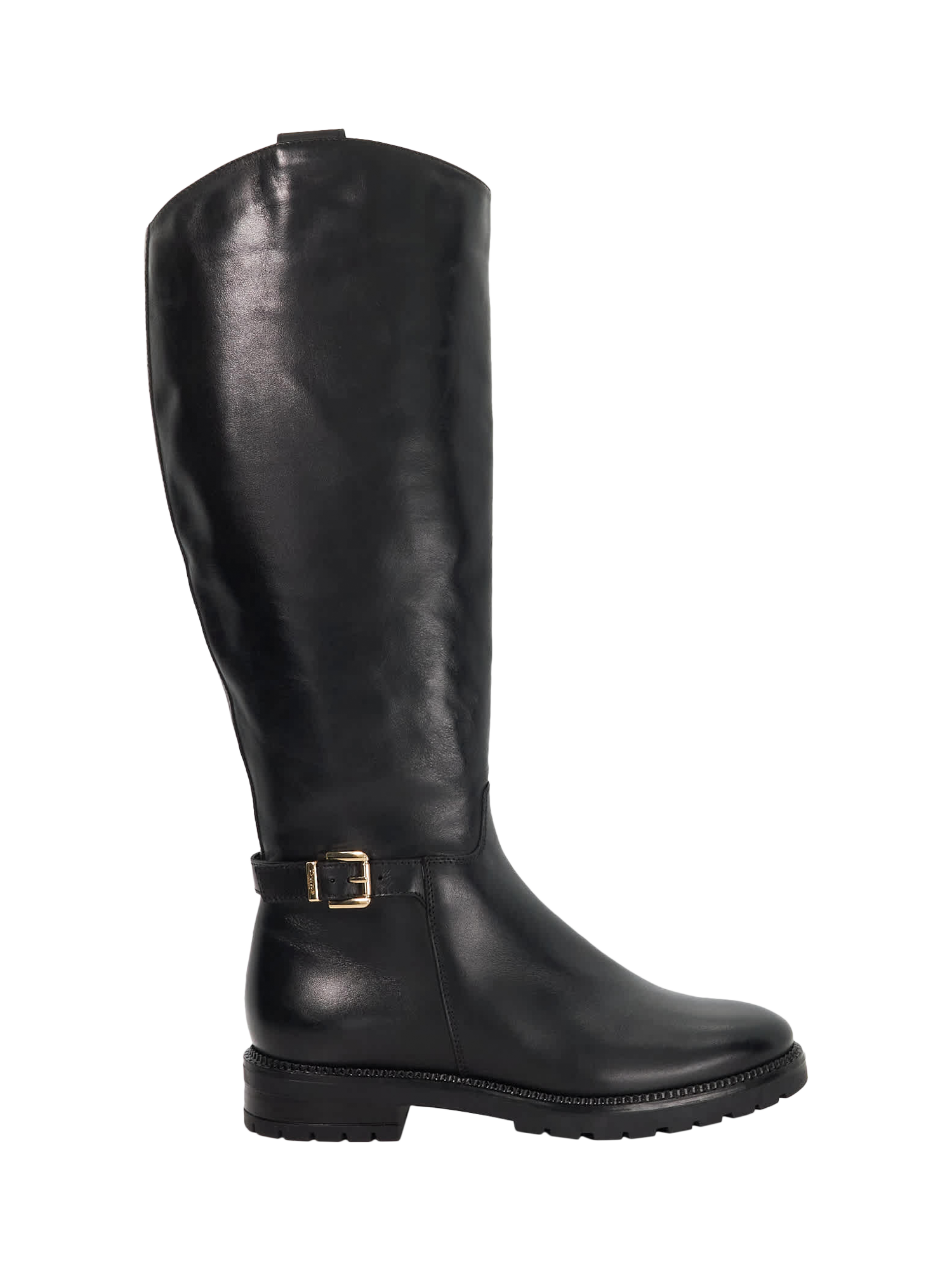 Product image 1 of 5, which shows Dune London Tabbey Leather Buckle Knee High Boots, Black, EU36