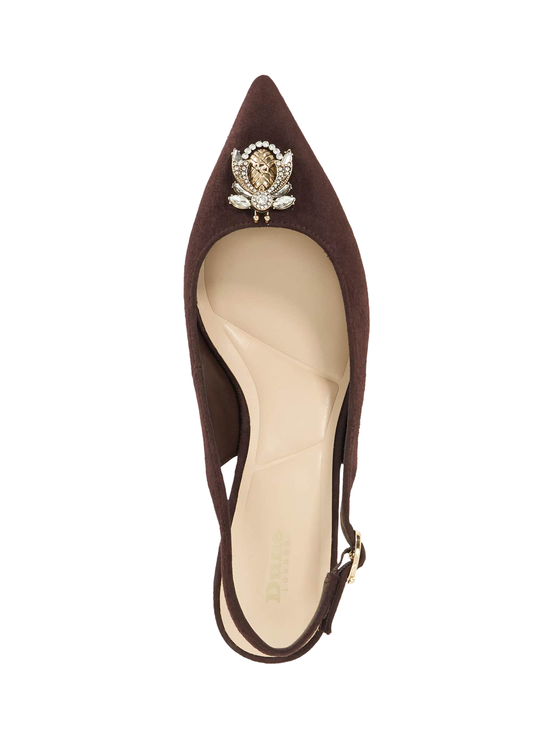 Product image 3 of 6, which shows Dune London Context Embellished Suede Slingback Shoes, Brown, EU36