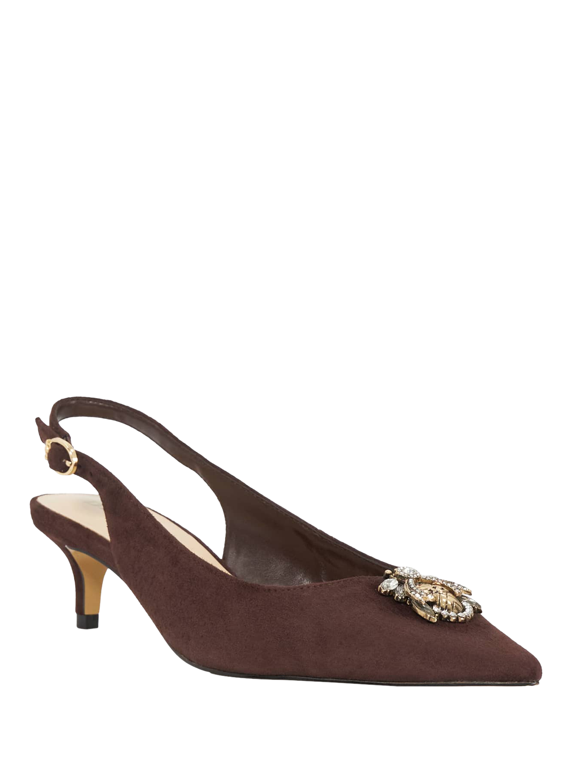 Product image 4 of 6, which shows Dune London Context Embellished Suede Slingback Shoes, Brown, EU36