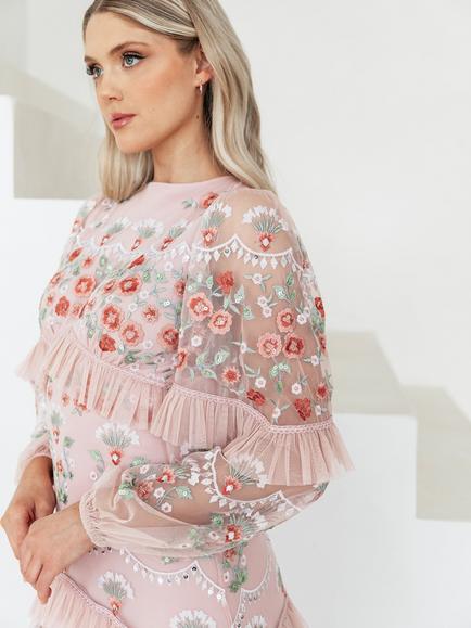 Maya Deluxe Embroidered Tulle Maxi Dress, Pale Peach - view 2, Pale Peach