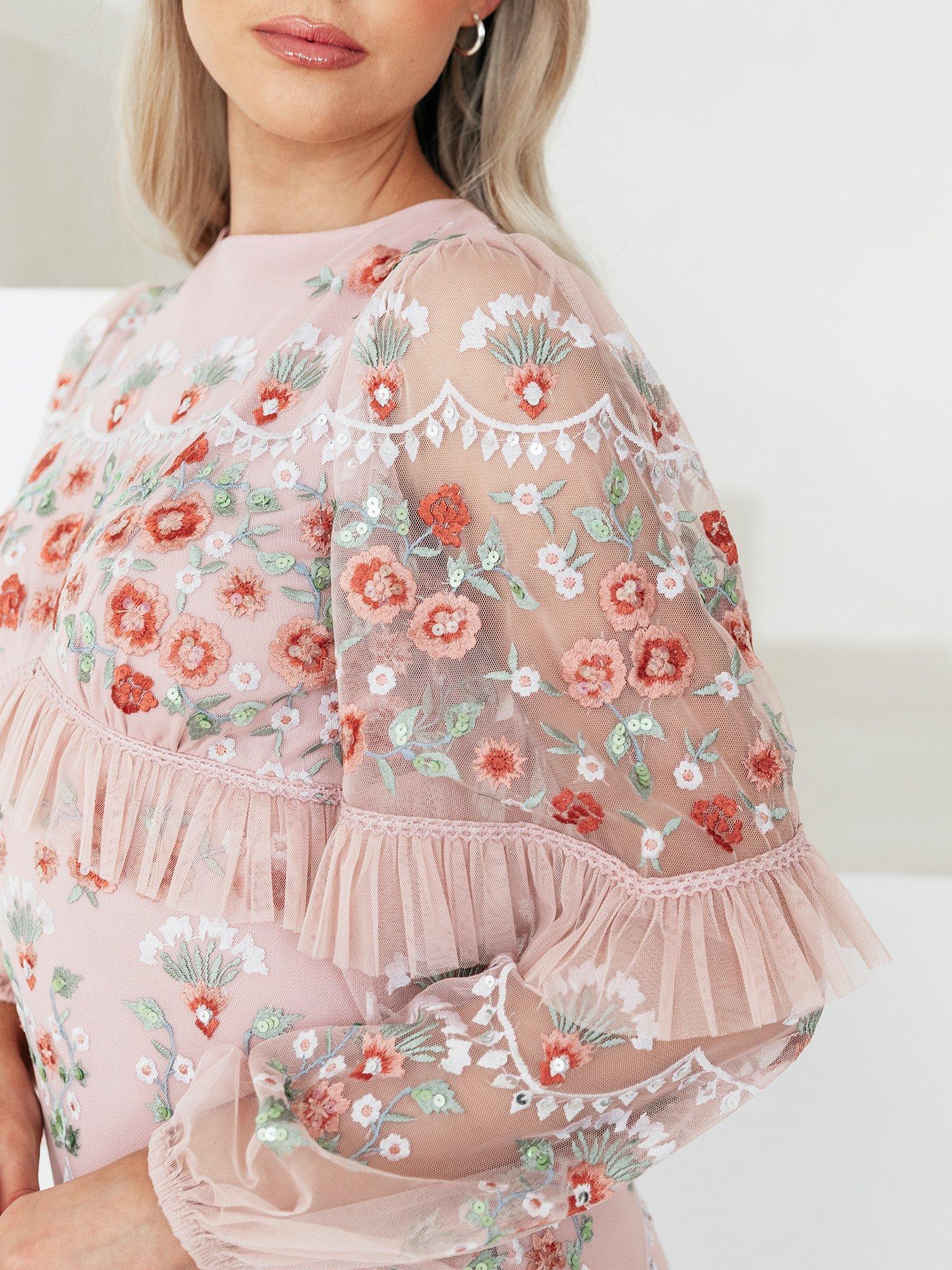 Maya Deluxe Embroidered Tulle Maxi Dress, Pale Peach
